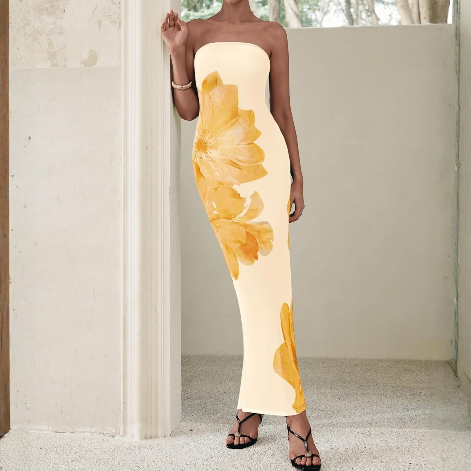 Formal Floral Strapless Mesh Maxi Dress