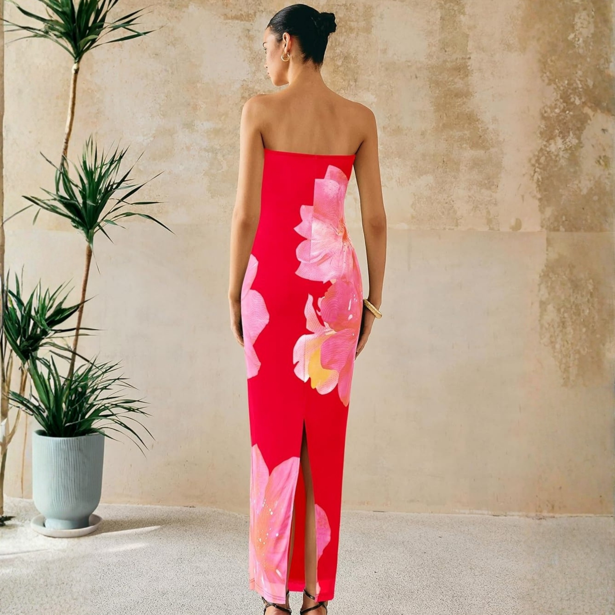 Formal Floral Strapless Mesh Maxi Dress