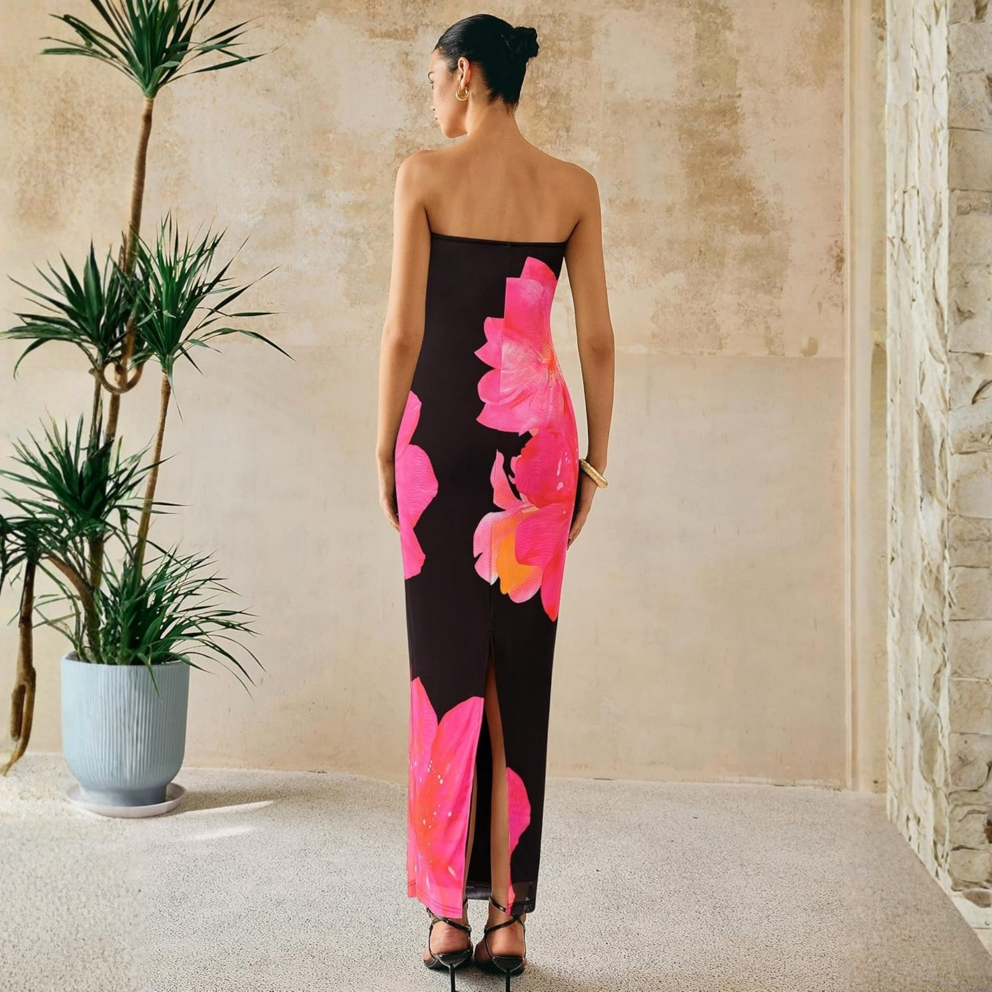 Formal Floral Strapless Mesh Maxi Dress