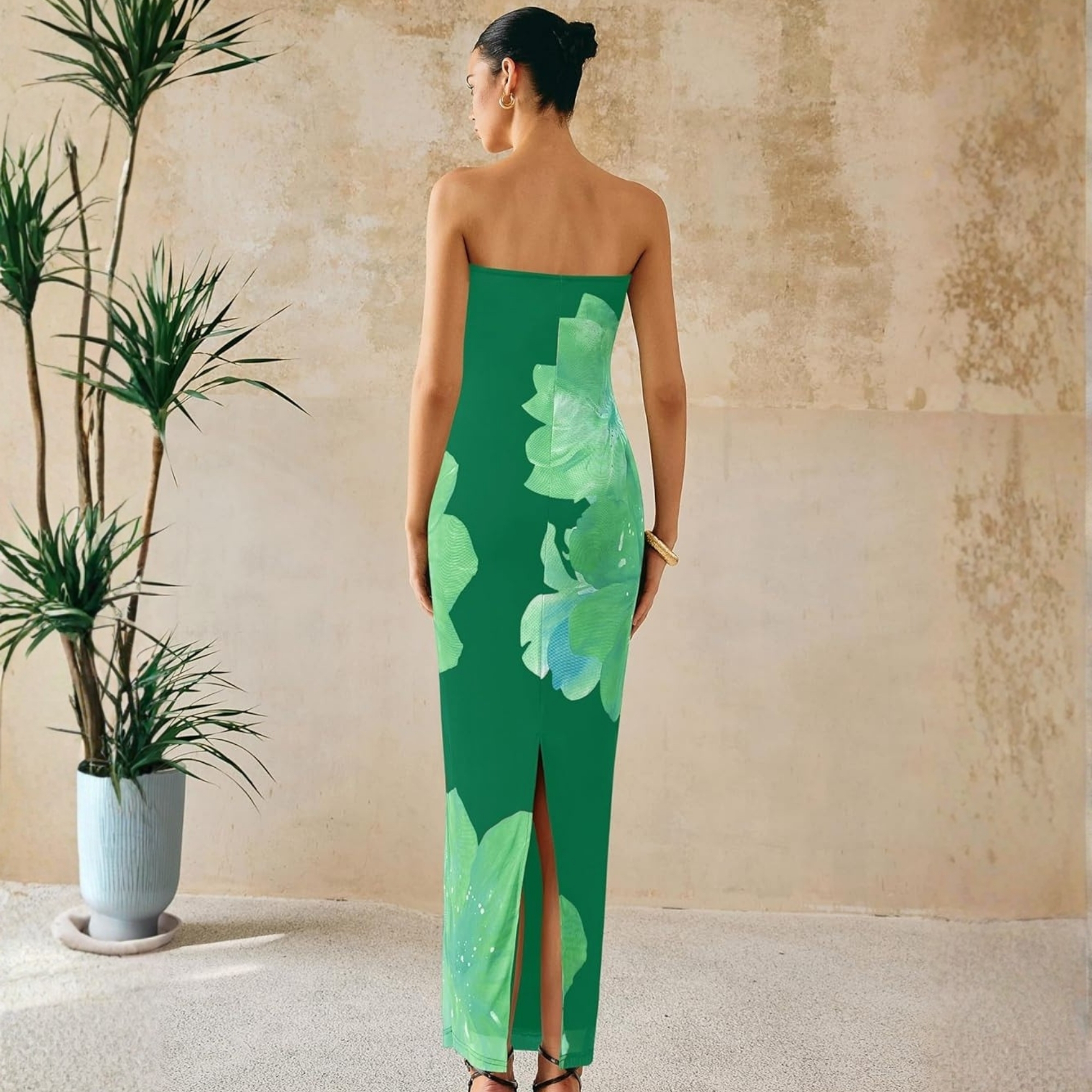 Formal Floral Strapless Mesh Maxi Dress