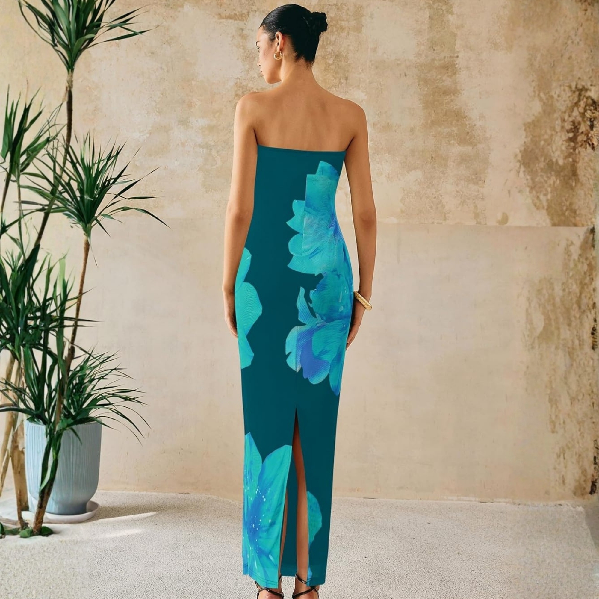 Formal Floral Strapless Mesh Maxi Dress