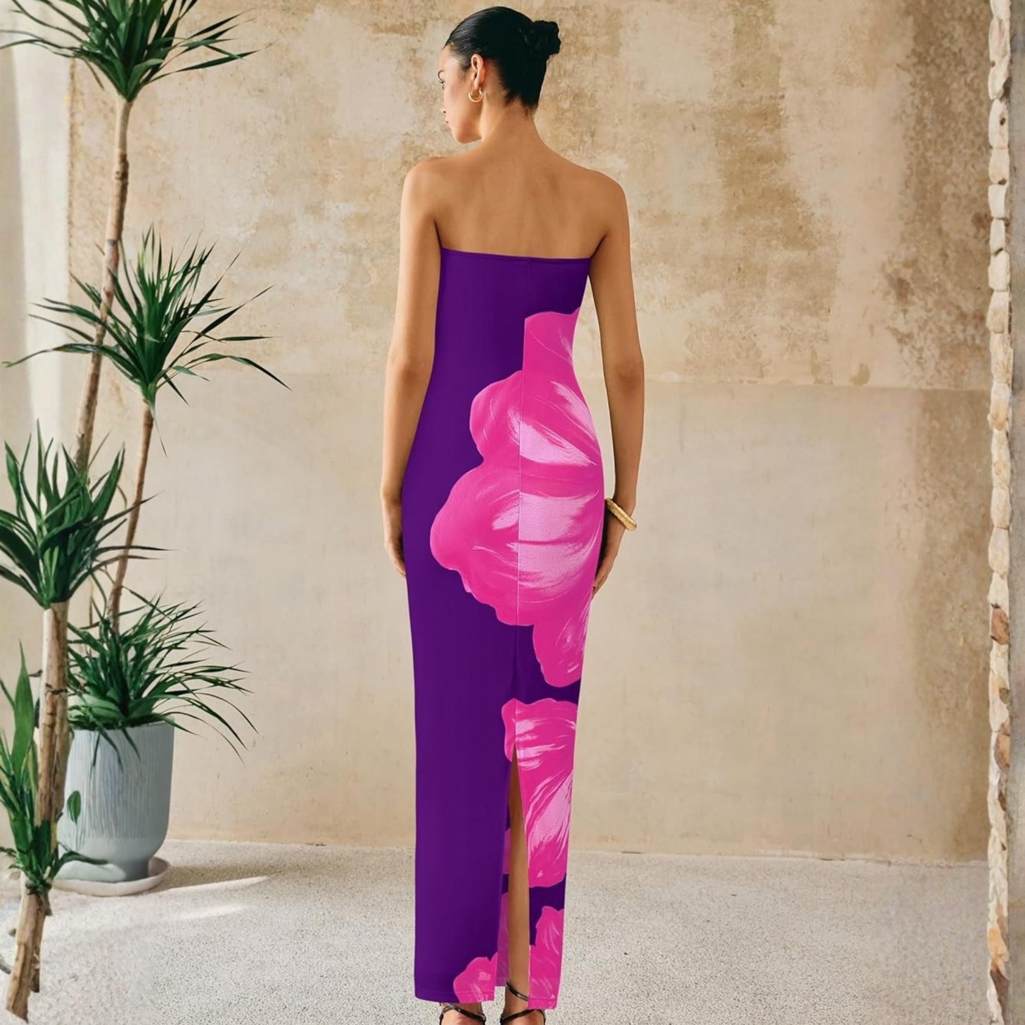 Formal Floral Strapless Mesh Maxi Dress