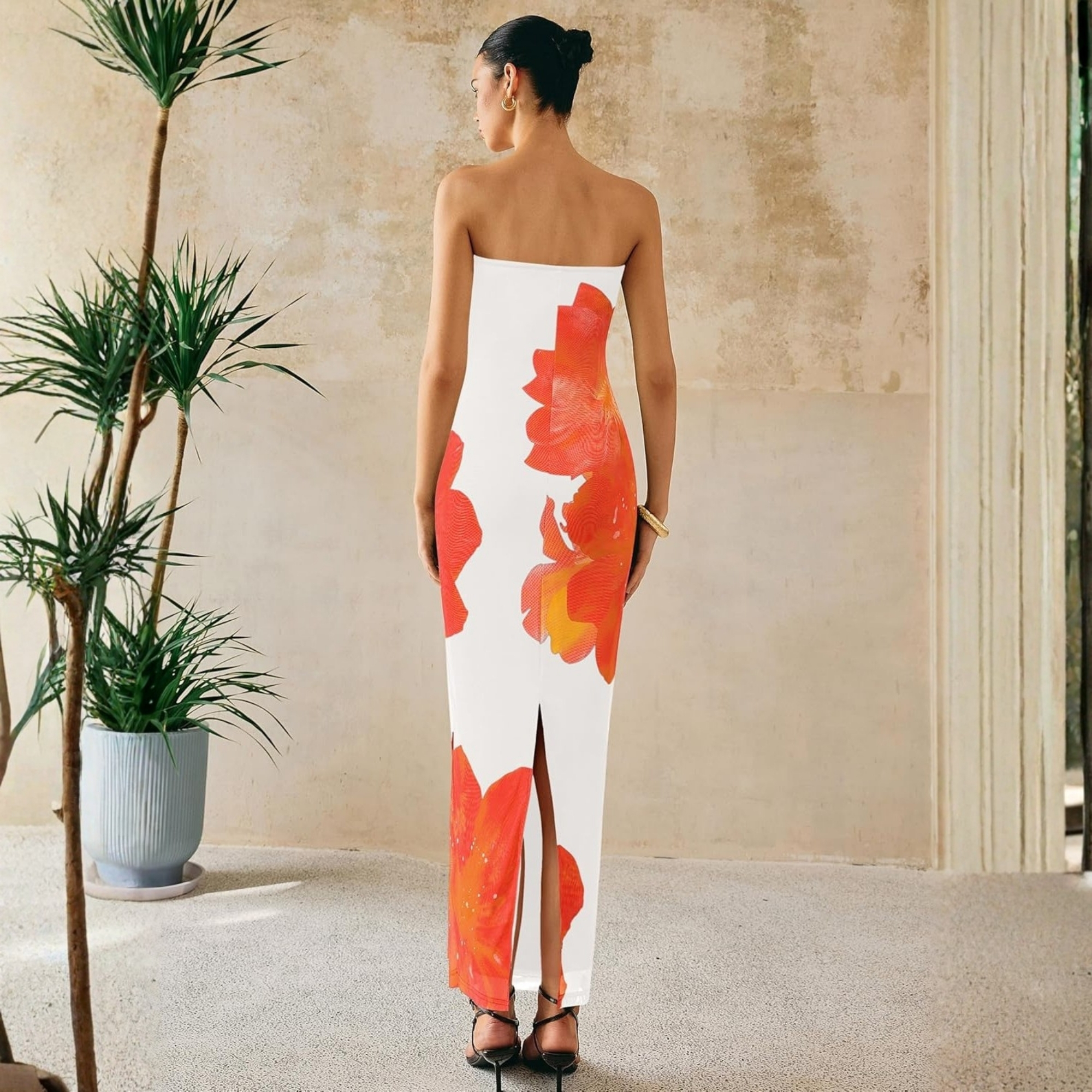Formal Floral Strapless Mesh Maxi Dress