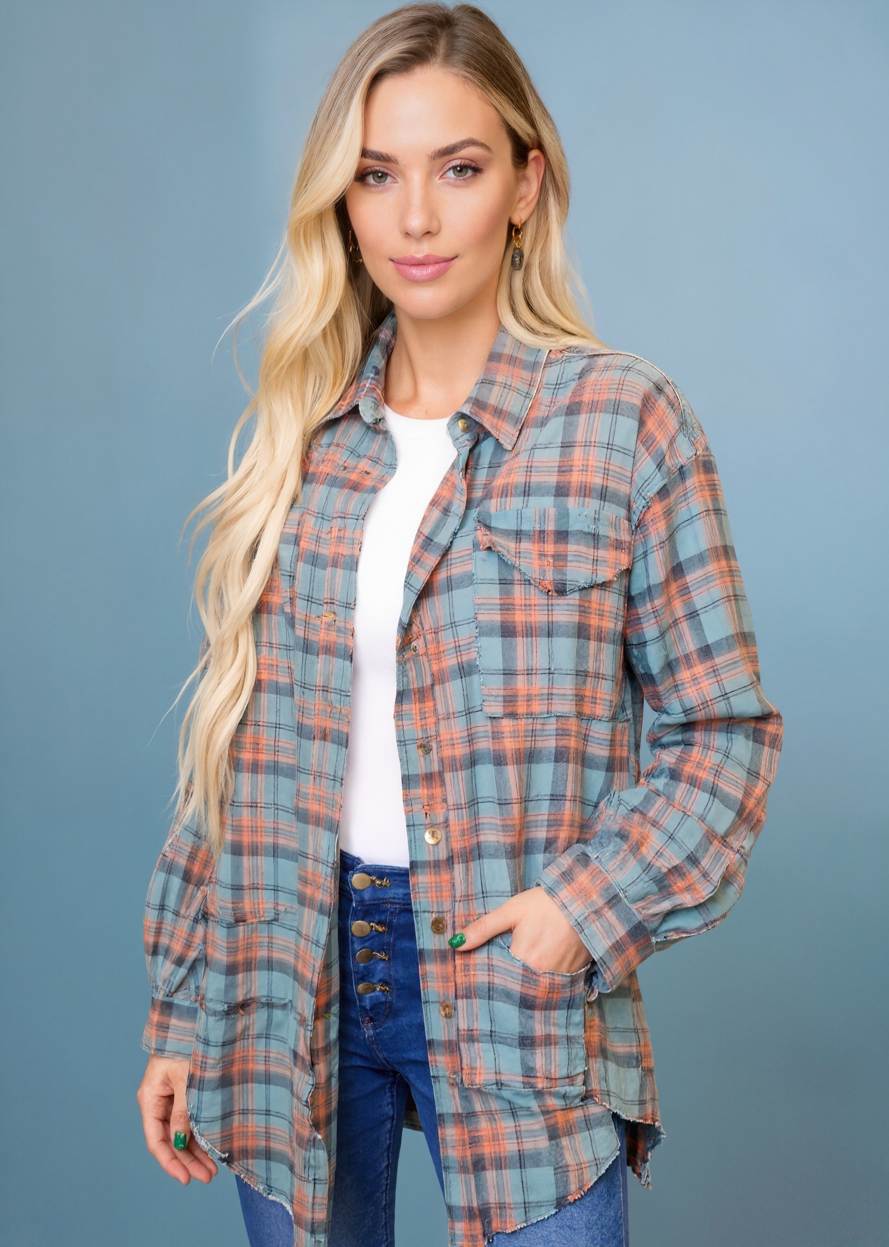 Frayed Hem Oversized Pocketed Shacket