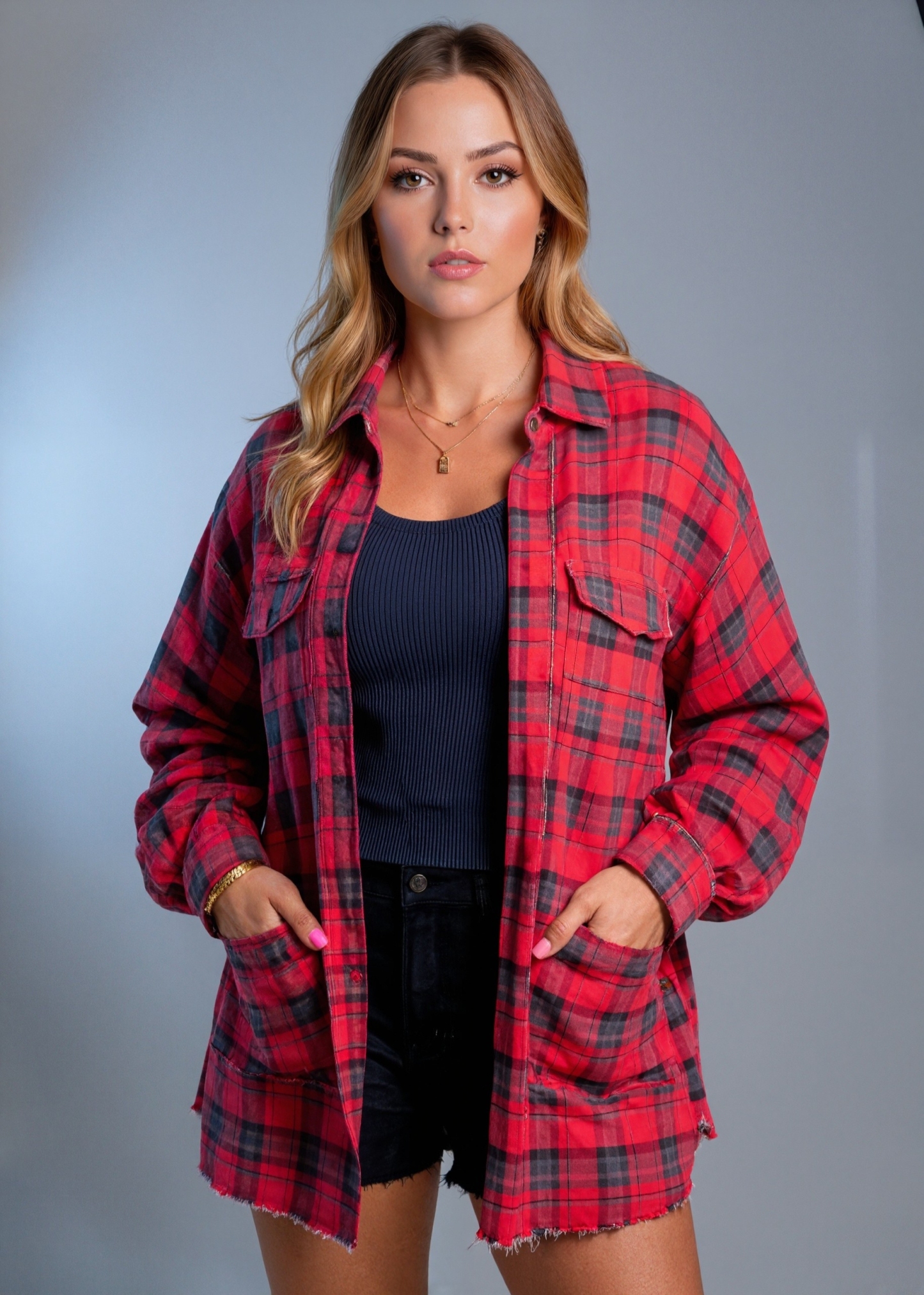 Raw Edge Oversized Shirt Jacket – Washed Flannel Layer with Pockets