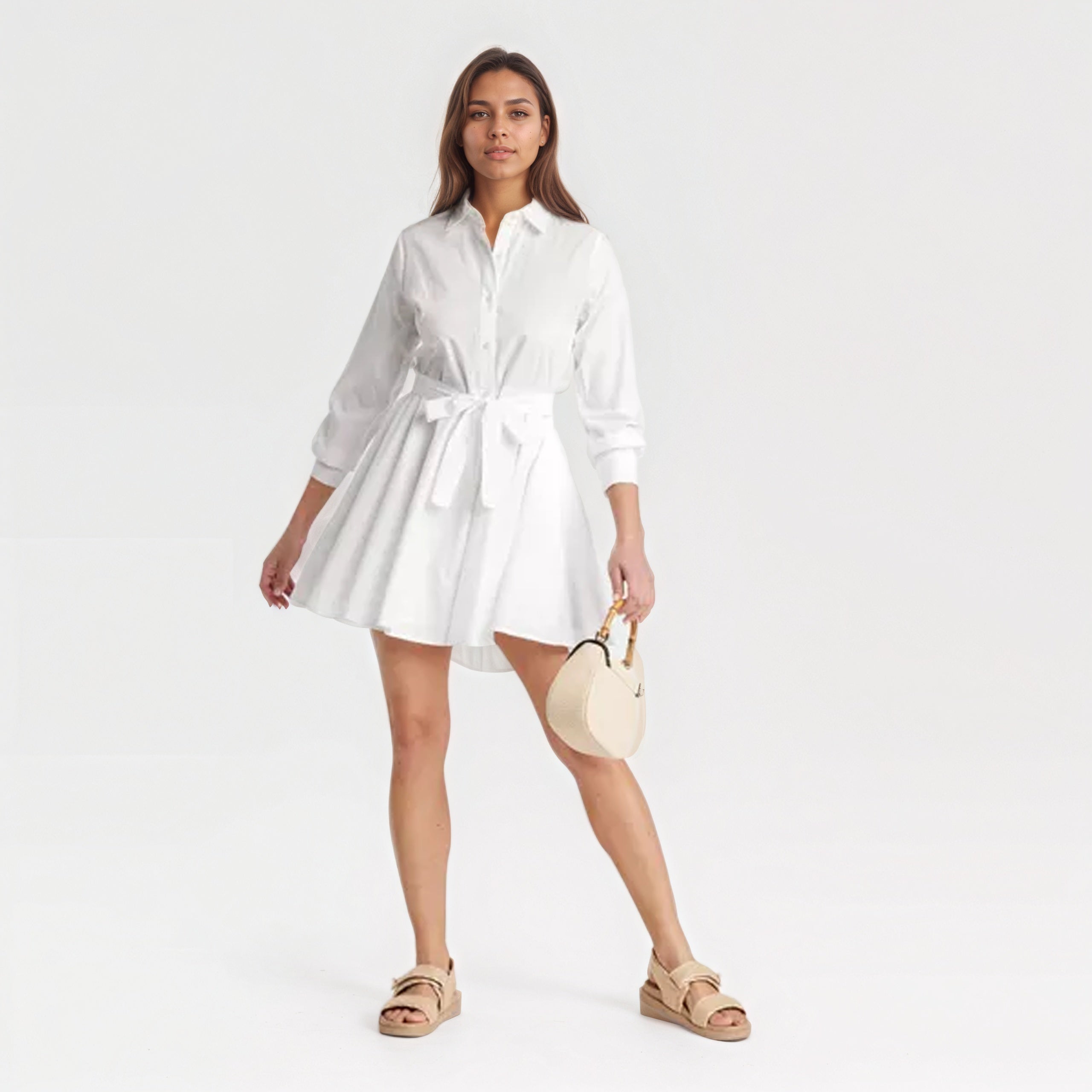 Poplin Long Sleeve Mini Shirt Style Dress