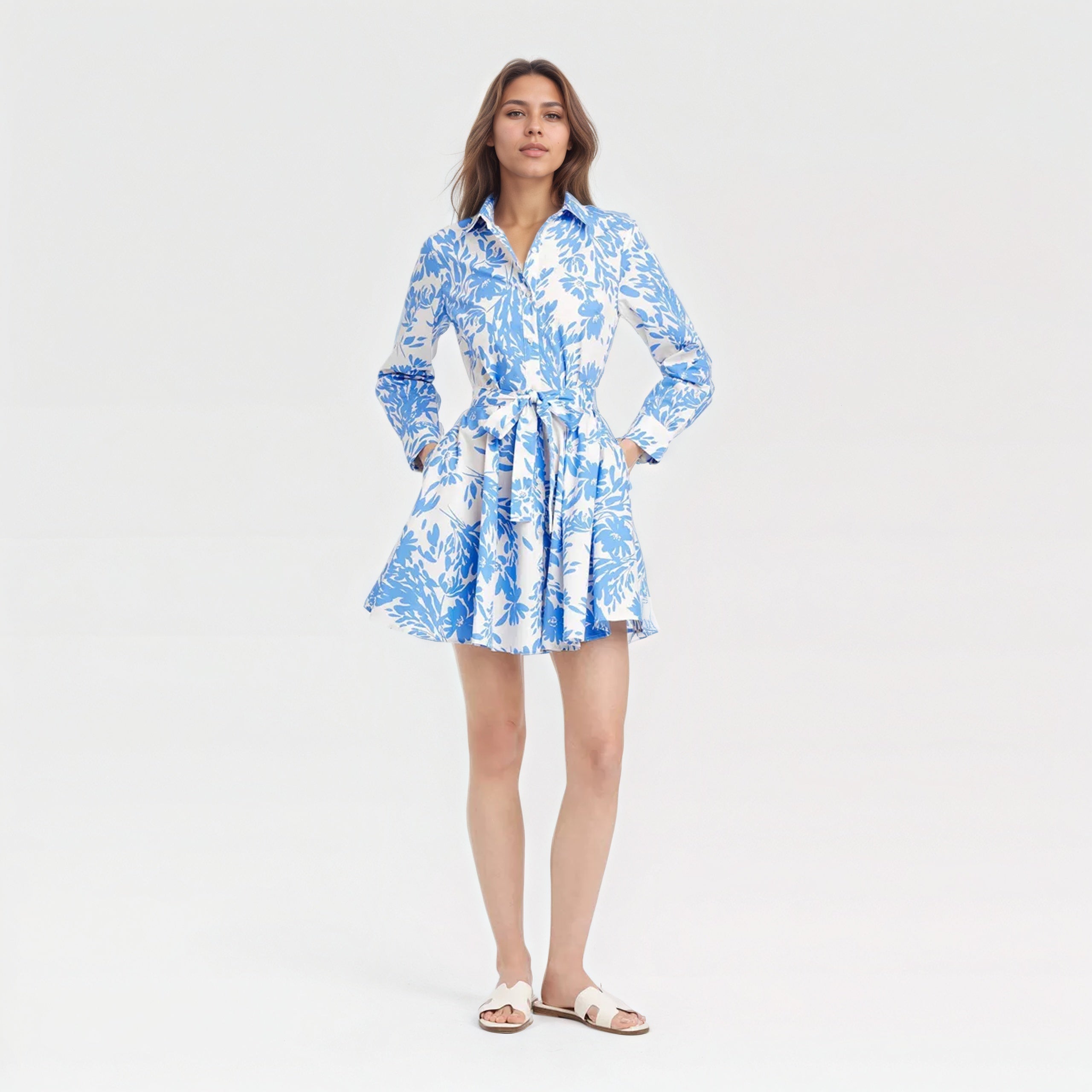 Poplin Long Sleeve Mini Shirt Style Dress