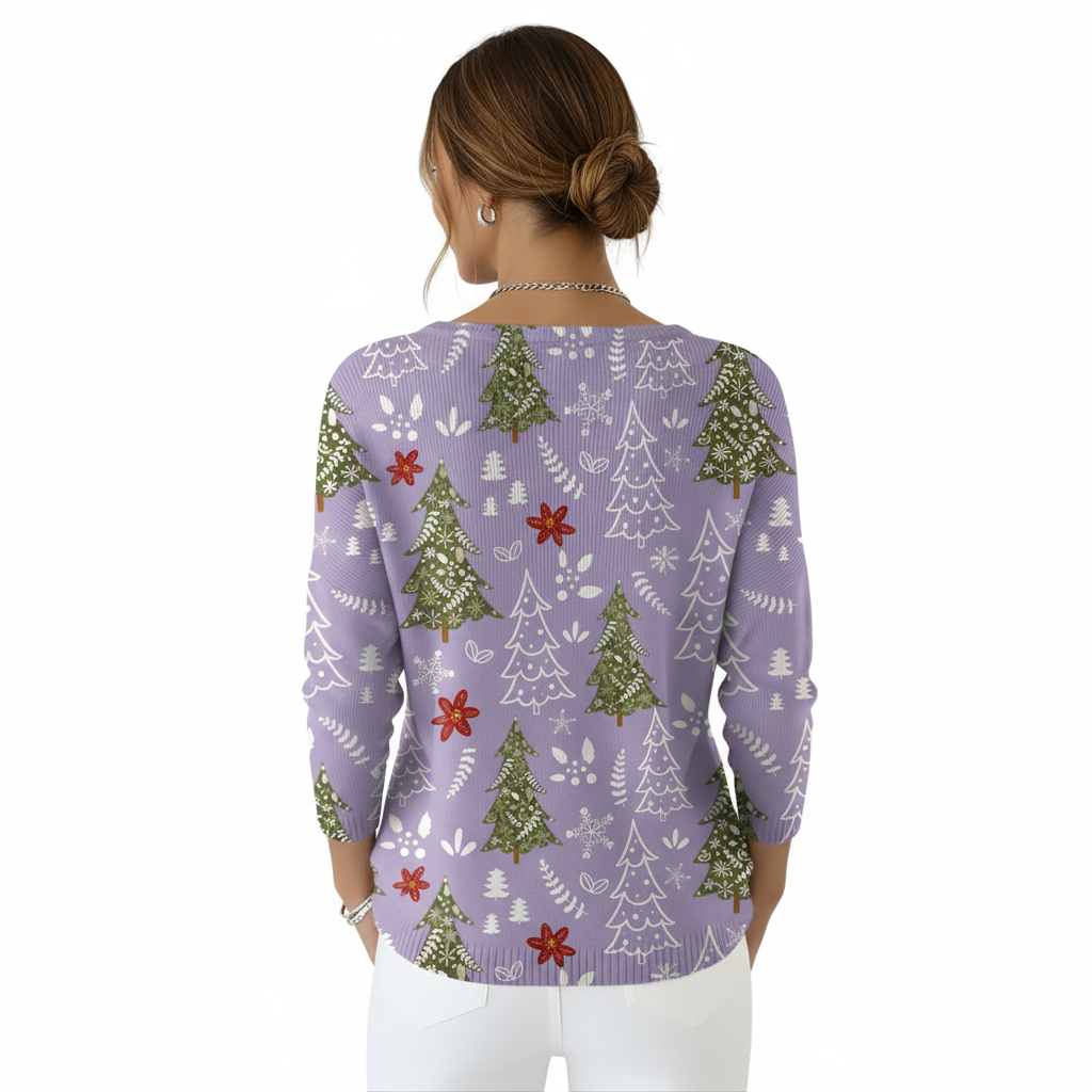 Christmas Tree Print Blouse For Women With Buttons And Floral Accents-My Comfy Blouse