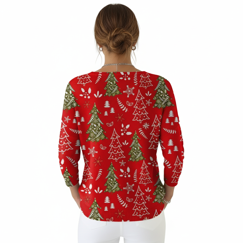 Christmas Tree Print Blouse For Women With Buttons And Floral Accents-My Comfy Blouse