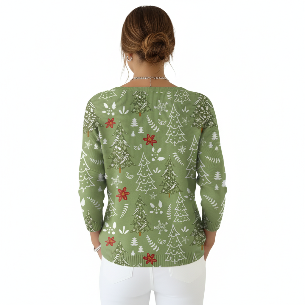 Christmas Tree Print Blouse For Women With Buttons And Floral Accents-My Comfy Blouse