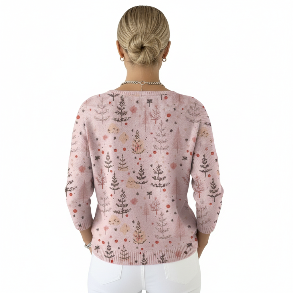 Christmas Tree Print Blouse For Women With Buttons And Floral Accents-My Comfy Blouse