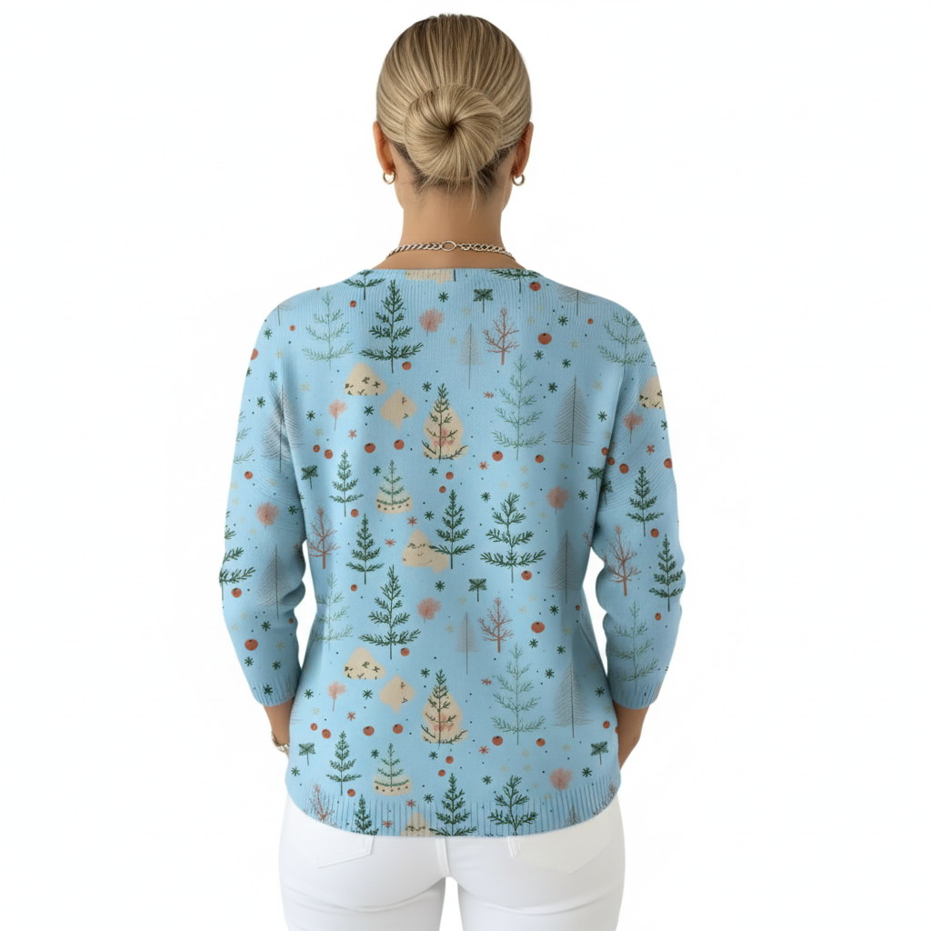 Christmas Tree Print Blouse For Women With Buttons And Floral Accents-My Comfy Blouse