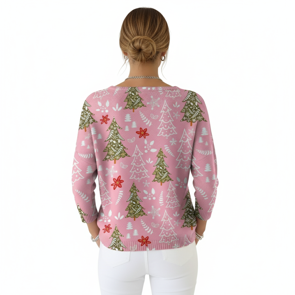 Christmas Tree Print Blouse For Women With Buttons And Floral Accents-My Comfy Blouse
