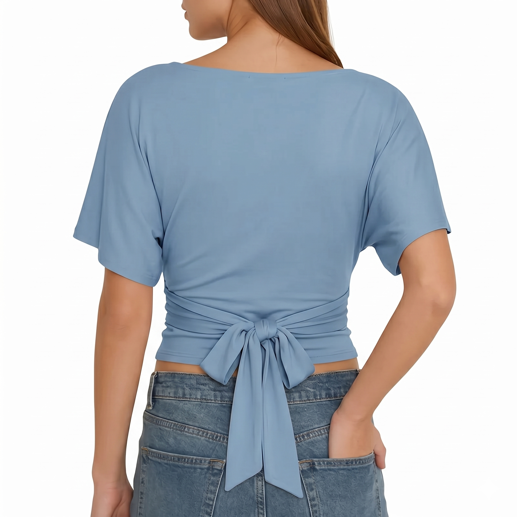 Casual Short Sleeve Wrap Top With Tie Back Detail For Women 
