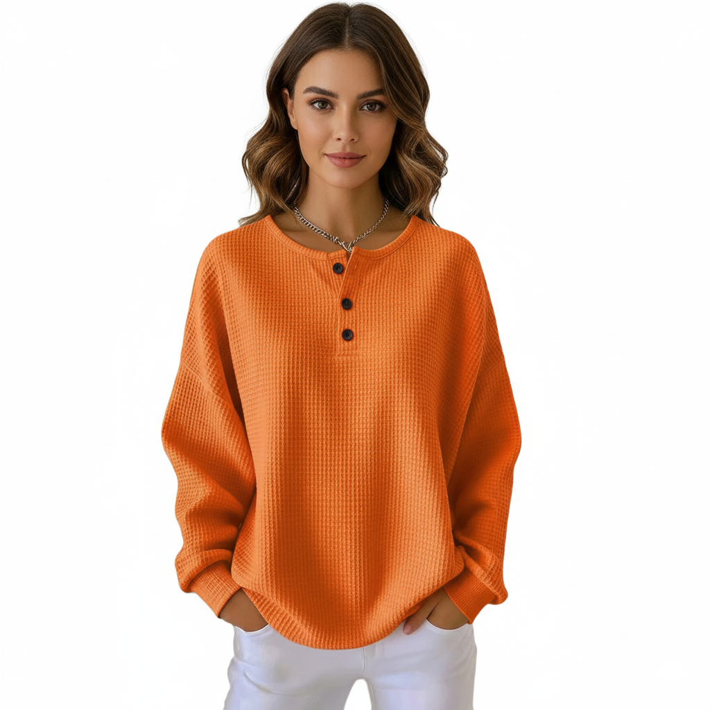 Long Sleeve Waffle Sweatshirt For Women with Front Buttons