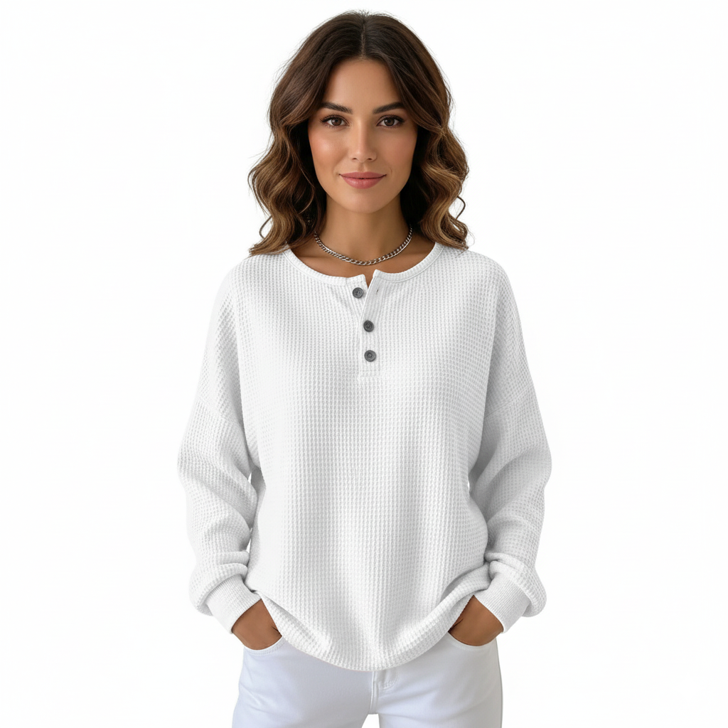 Long Sleeve Waffle Sweatshirt For Women with Front Buttons