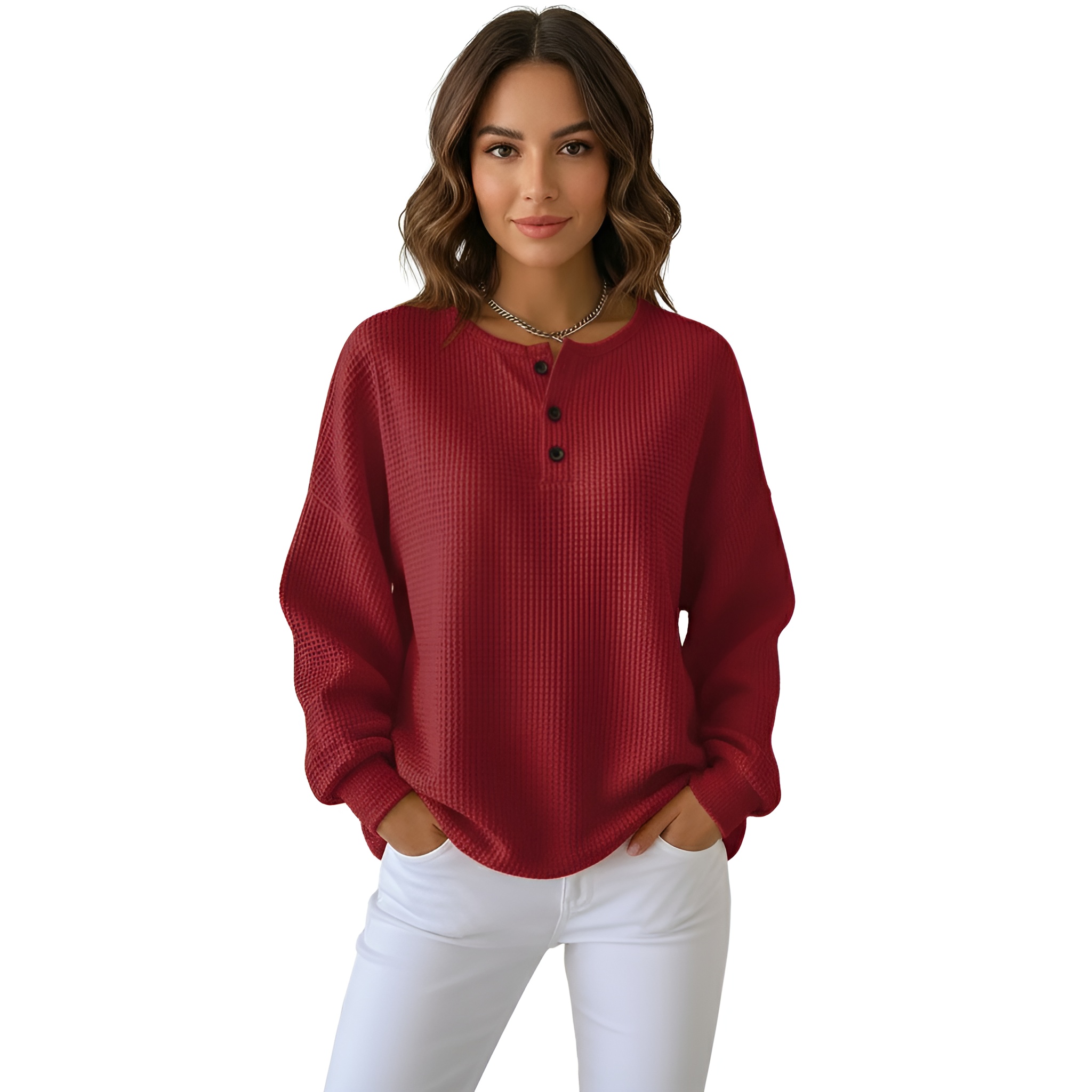 Long Sleeve Waffle Sweatshirt For Women with Front Buttons