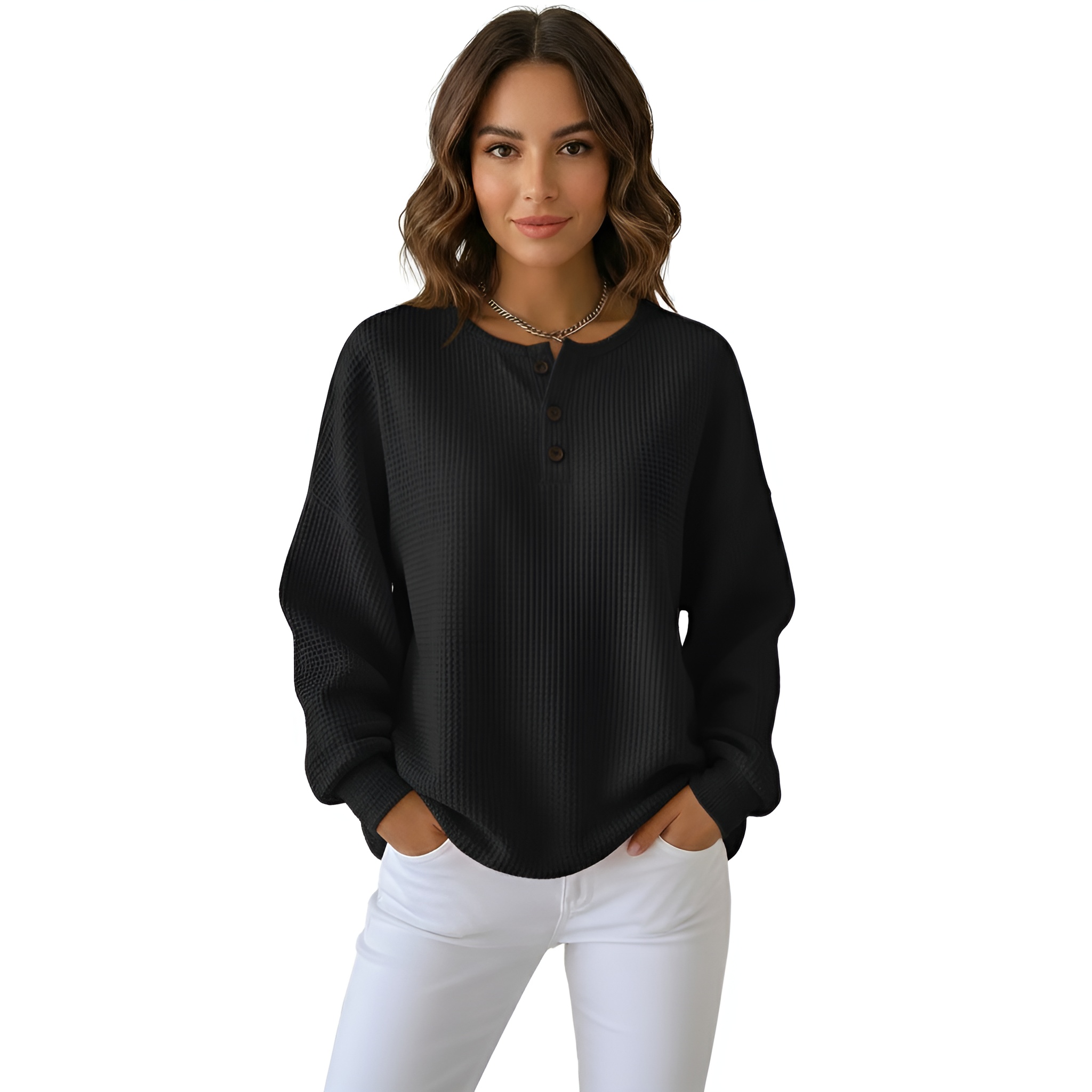 Long Sleeve Waffle Sweatshirt For Women with Front Buttons