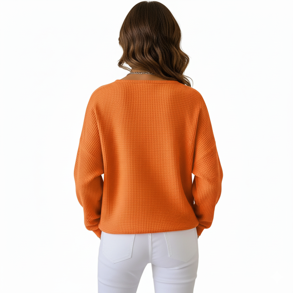 Long Sleeve Waffle Sweatshirt For Women with Front Buttons