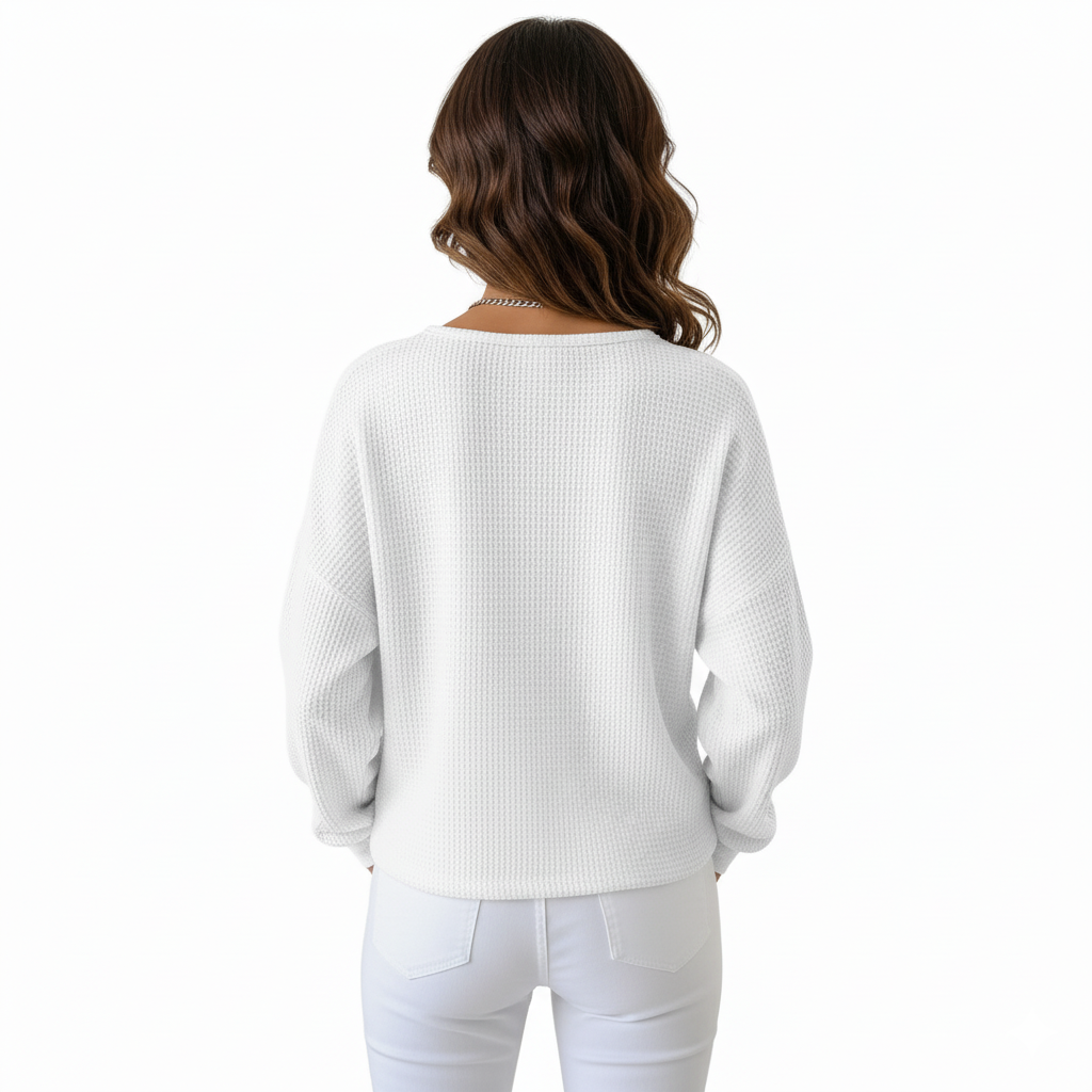 Long Sleeve Waffle Sweatshirt For Women with Front Buttons