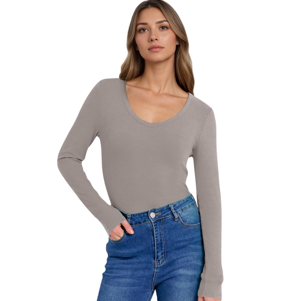 Long Sleeve Shirts for Women V Neck Ribbed Knit Fitted Fall Basic Tshirts