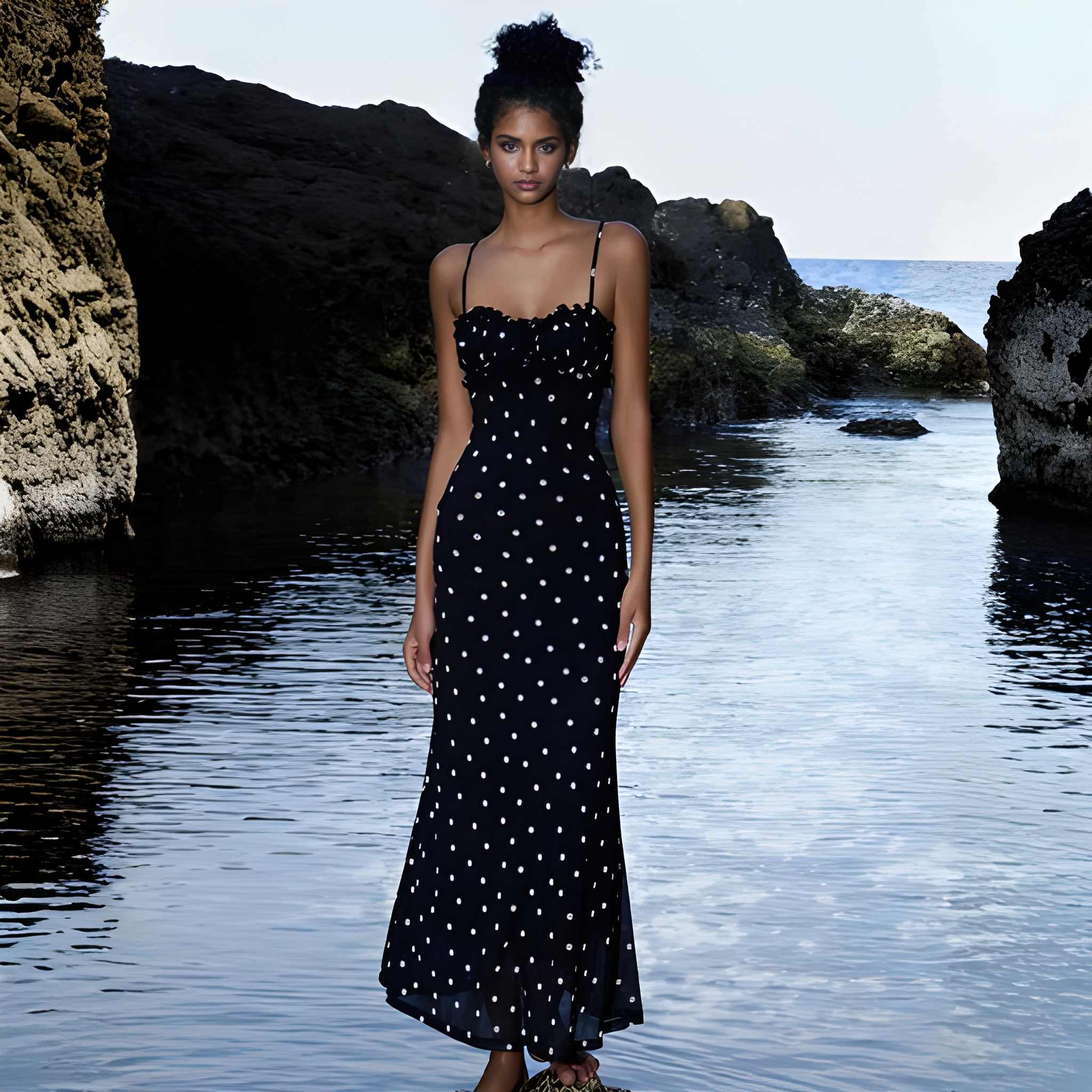 High Rise Polka Dot Print Maxi Dress For Women With Adjustable Straps