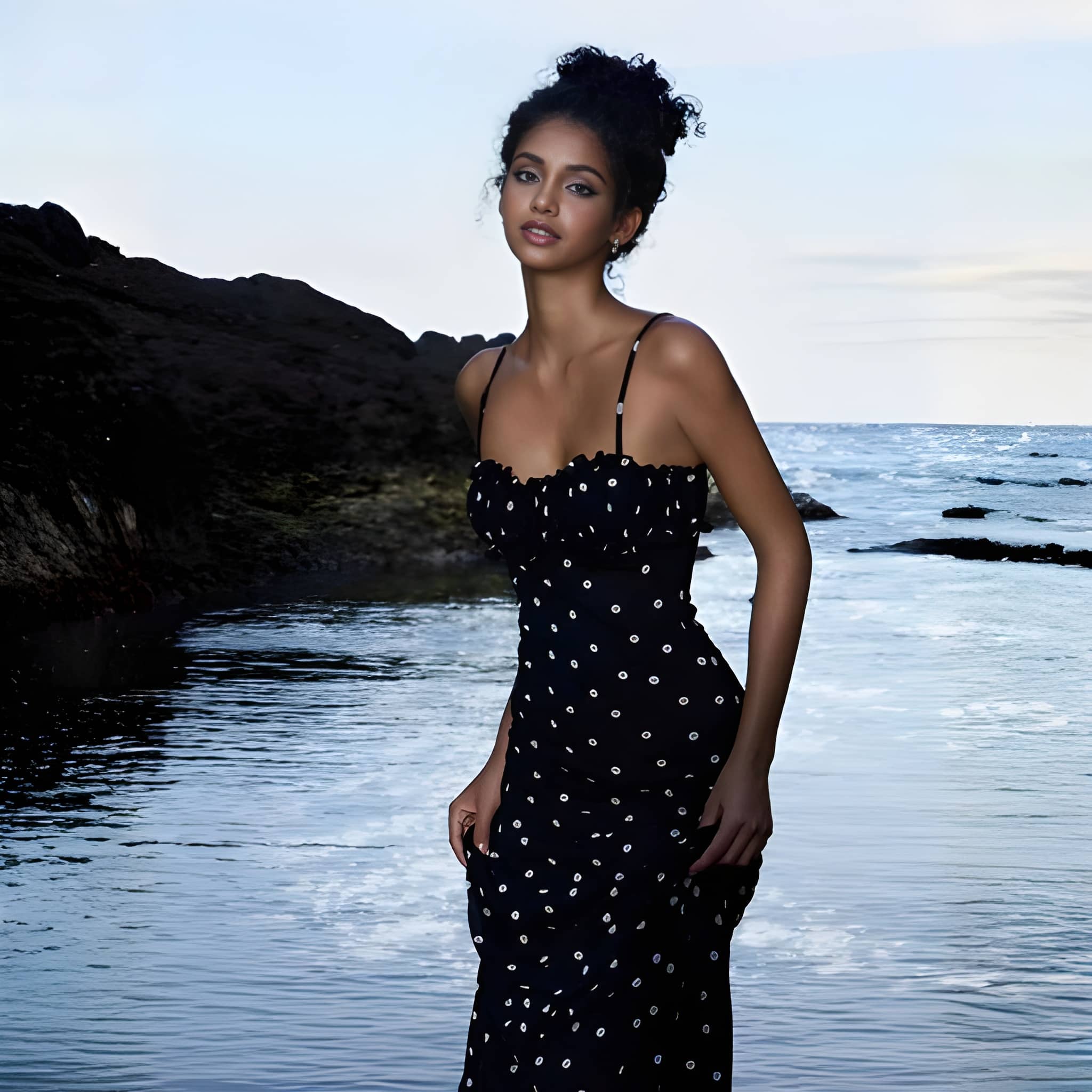 High Rise Polka Dot Print Maxi Dress For Women With Adjustable Straps