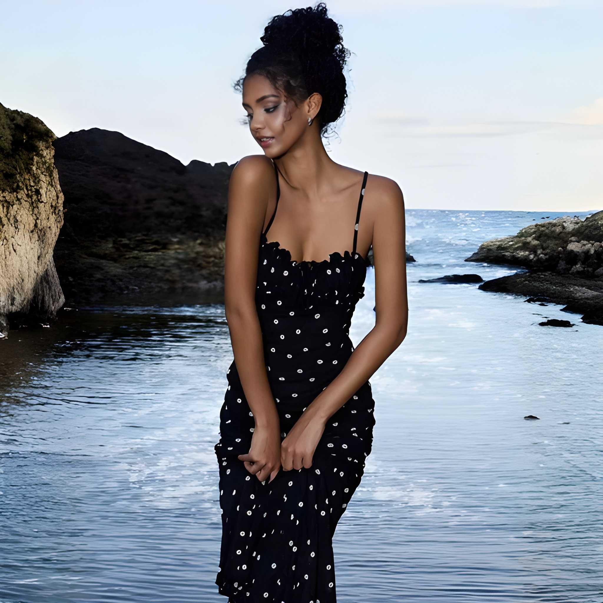 High Rise Polka Dot Print Maxi Dress For Women With Adjustable Straps