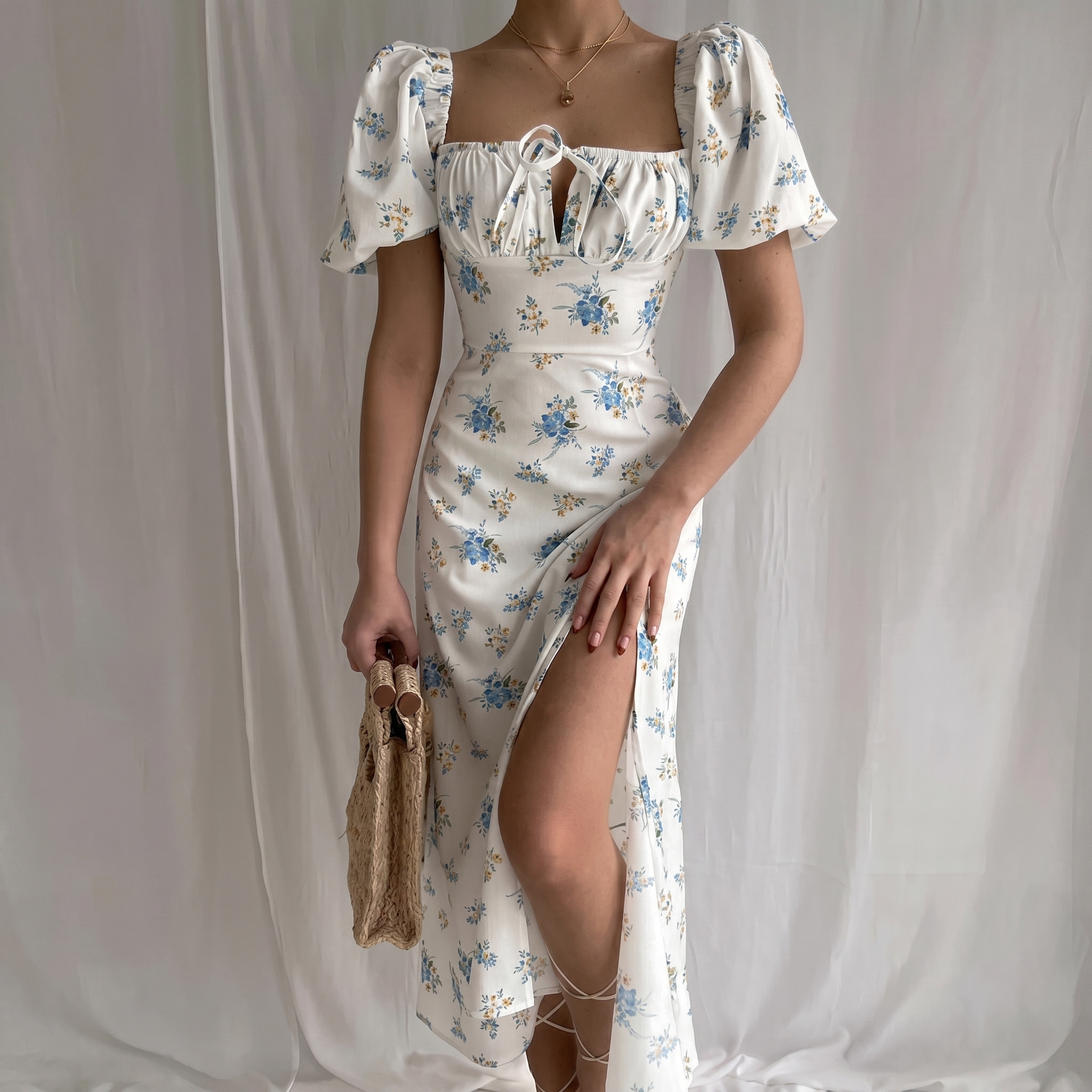 High Rise Puff Sleeve Maxi Dress For Women