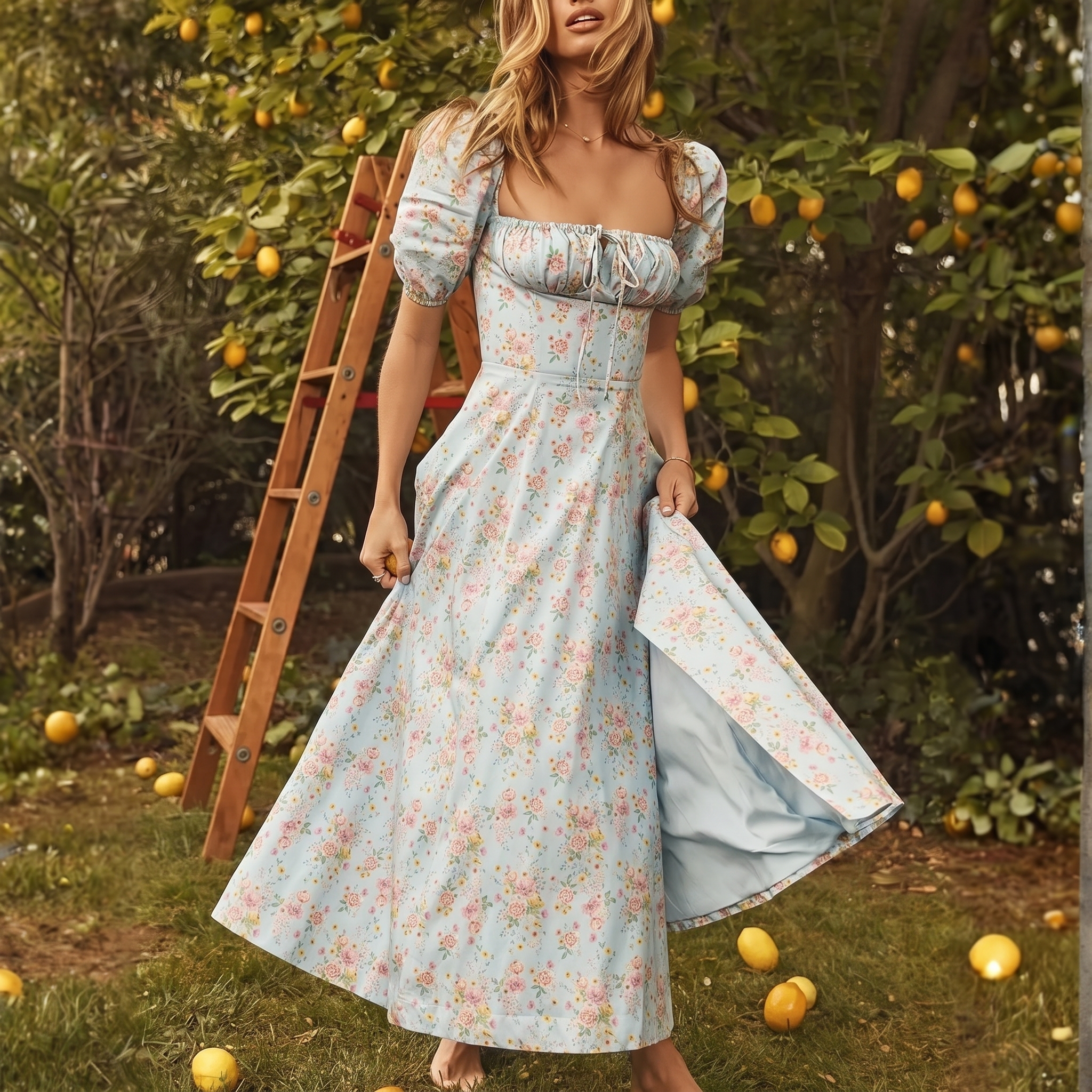 High Rise Puff Sleeve Maxi Dress For Women