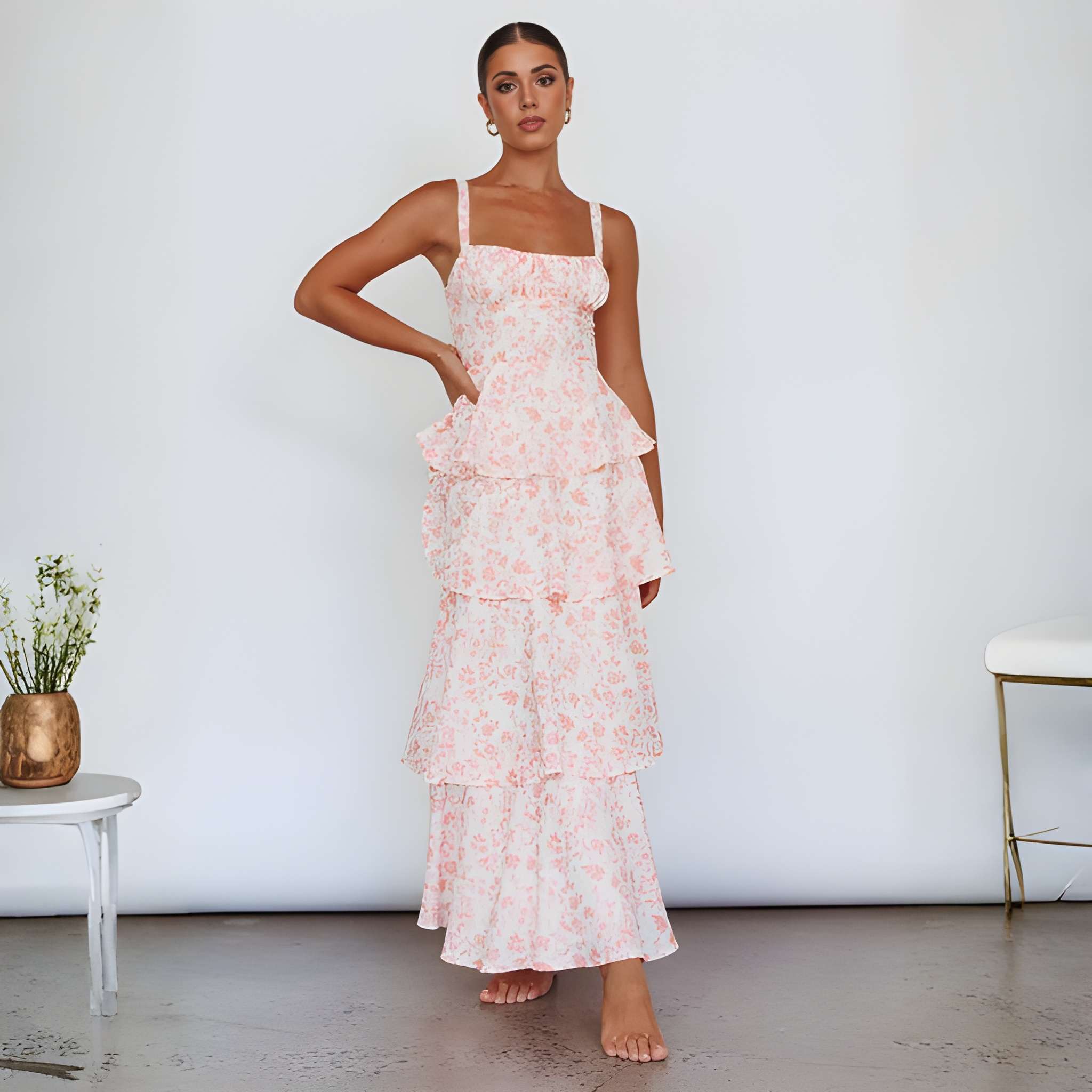 High Rise Sleeveless Printed Suspender Maxi Dress For Women