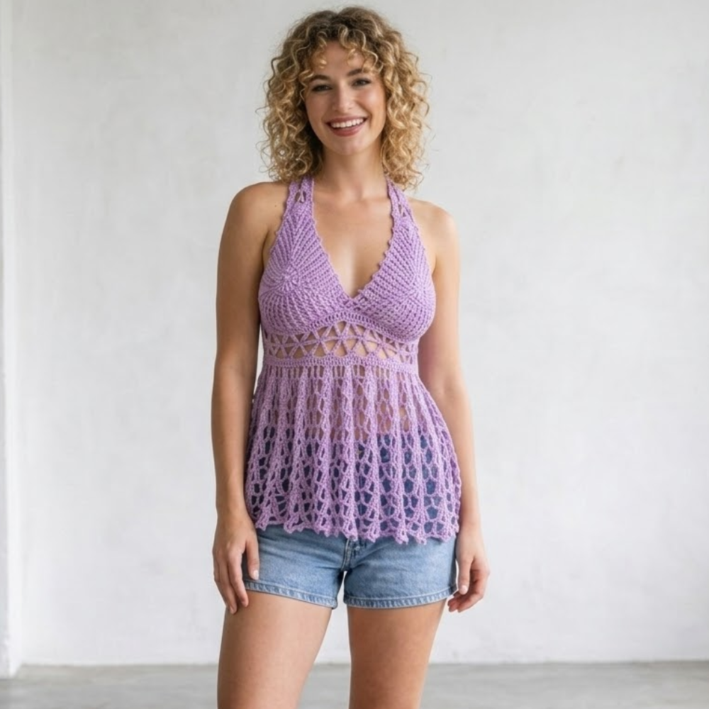 Crochet Peplum Top Pattern With Floral Waistband And Flared Hem