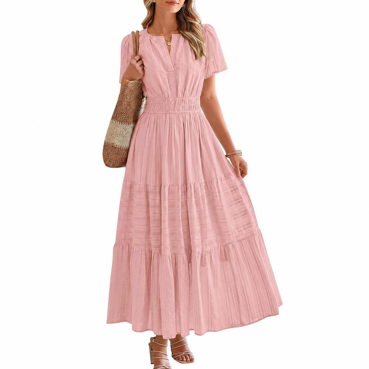 Lightweight Casual Short Sleeve Boho Midi Maxi Dress With Pockets For Women