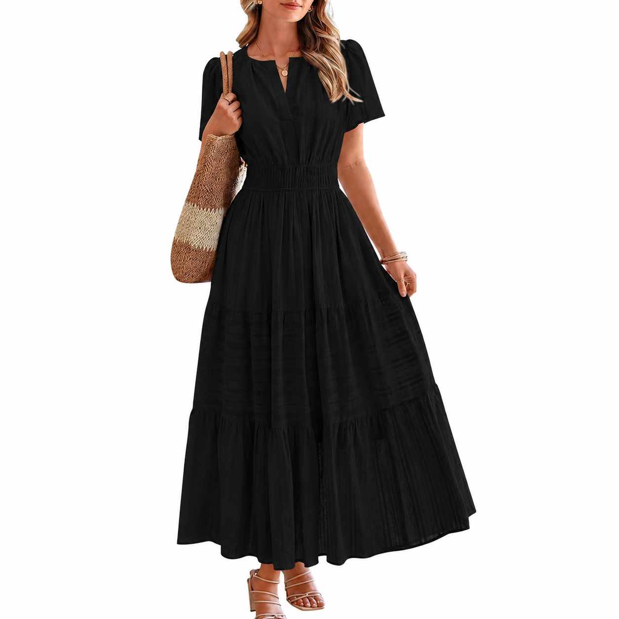 Lightweight Casual Short Sleeve Boho Midi Maxi Dress With Pockets For Women
