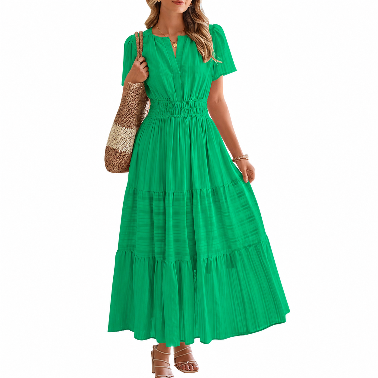 Lightweight Casual Short Sleeve Boho Midi Maxi Dress With Pockets For Women