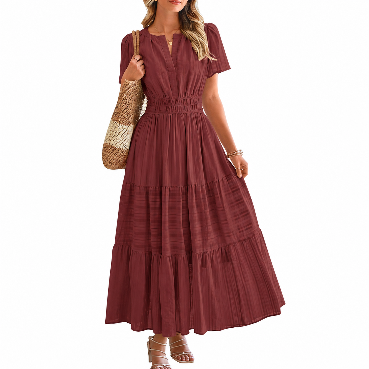 Lightweight Casual Short Sleeve Boho Midi Maxi Dress With Pockets For Women
