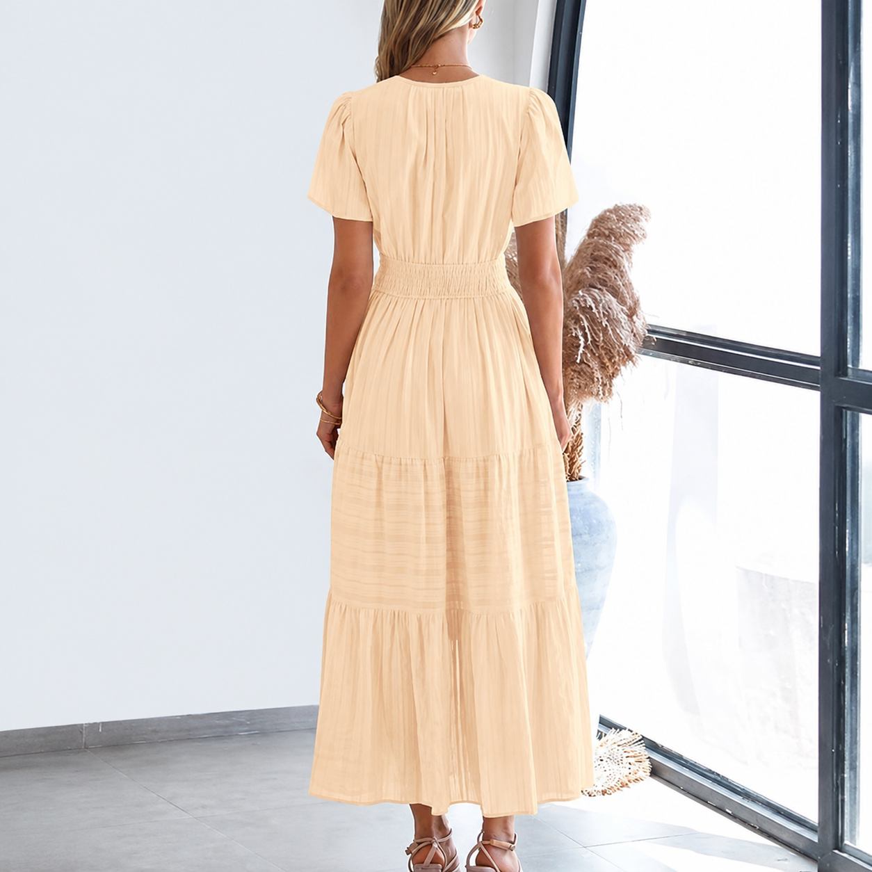 Lightweight Casual Short Sleeve Boho Midi Maxi Dress With Pockets For Women