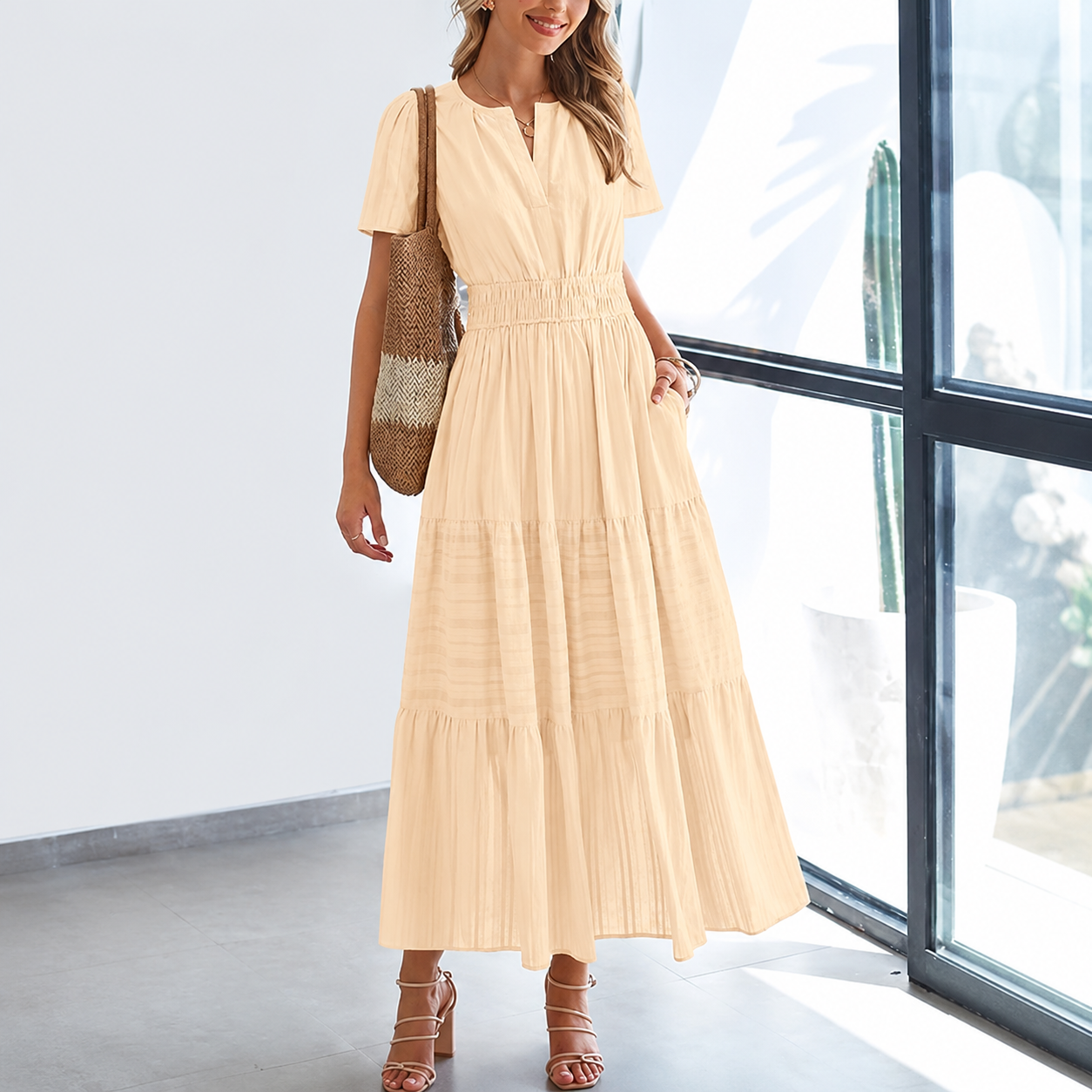 Lightweight Casual Short Sleeve Boho Midi Maxi Dress With Pockets For Women