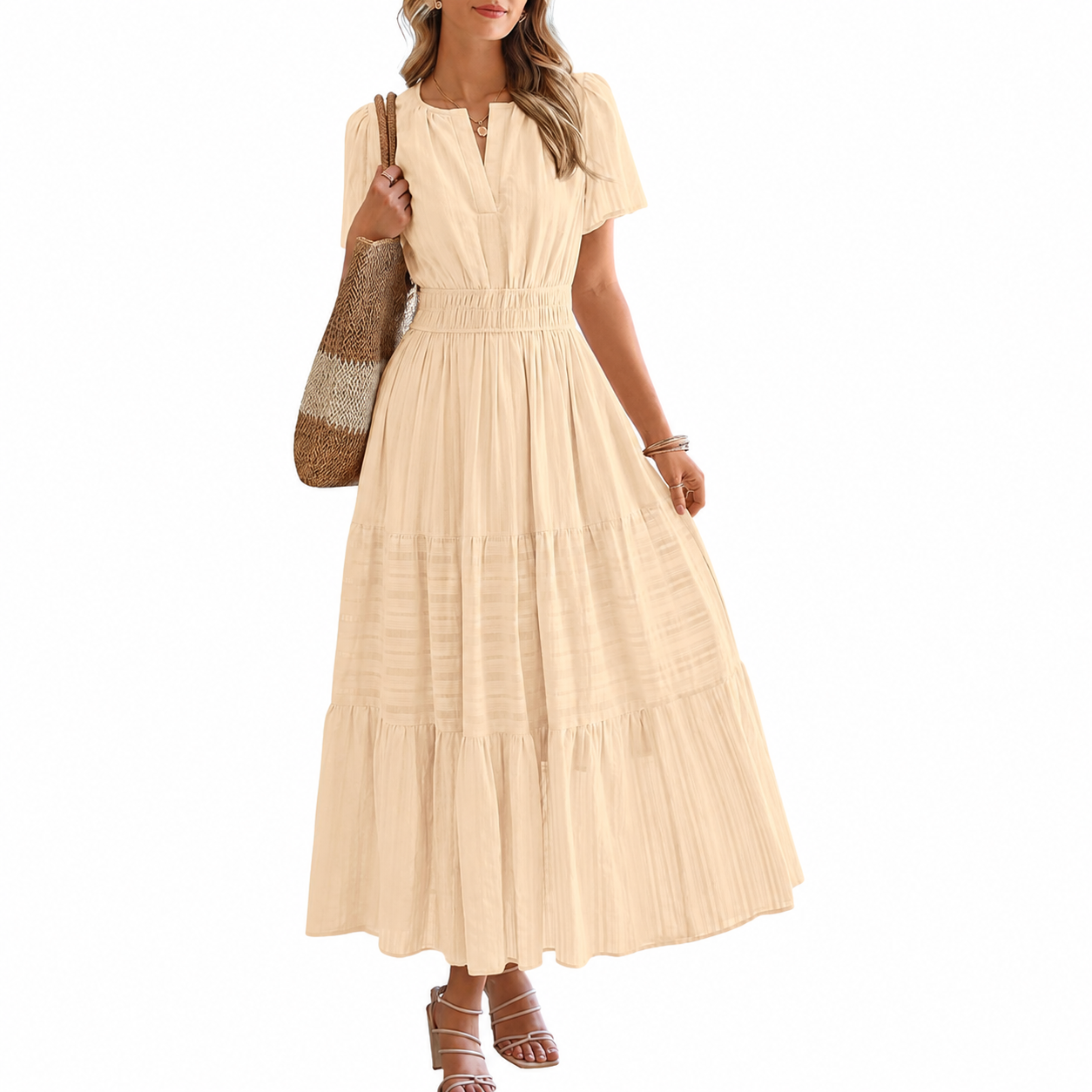 Lightweight Casual Short Sleeve Boho Midi Maxi Dress With Pockets For Women