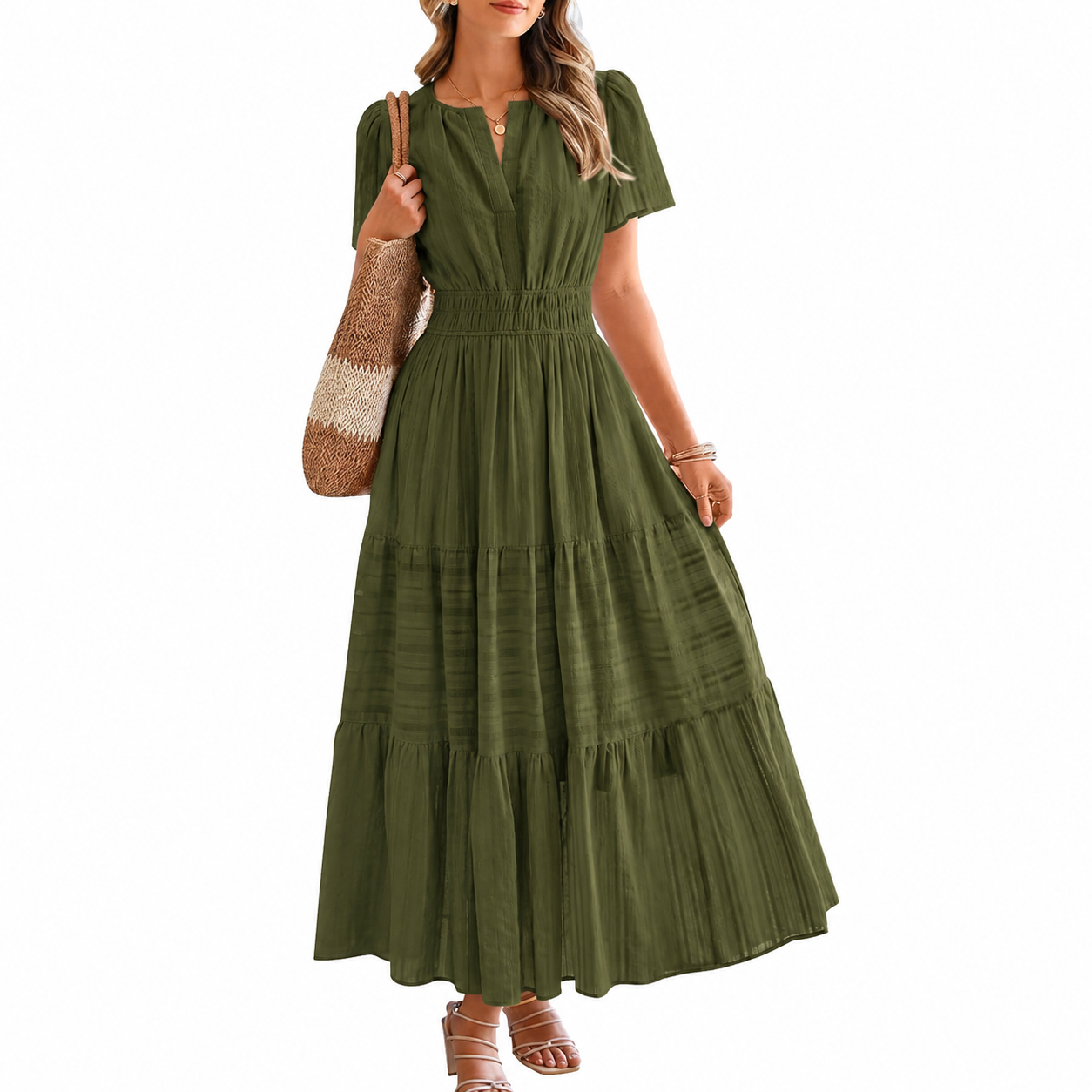 Lightweight Casual Short Sleeve Boho Midi Maxi Dress With Pockets For Women