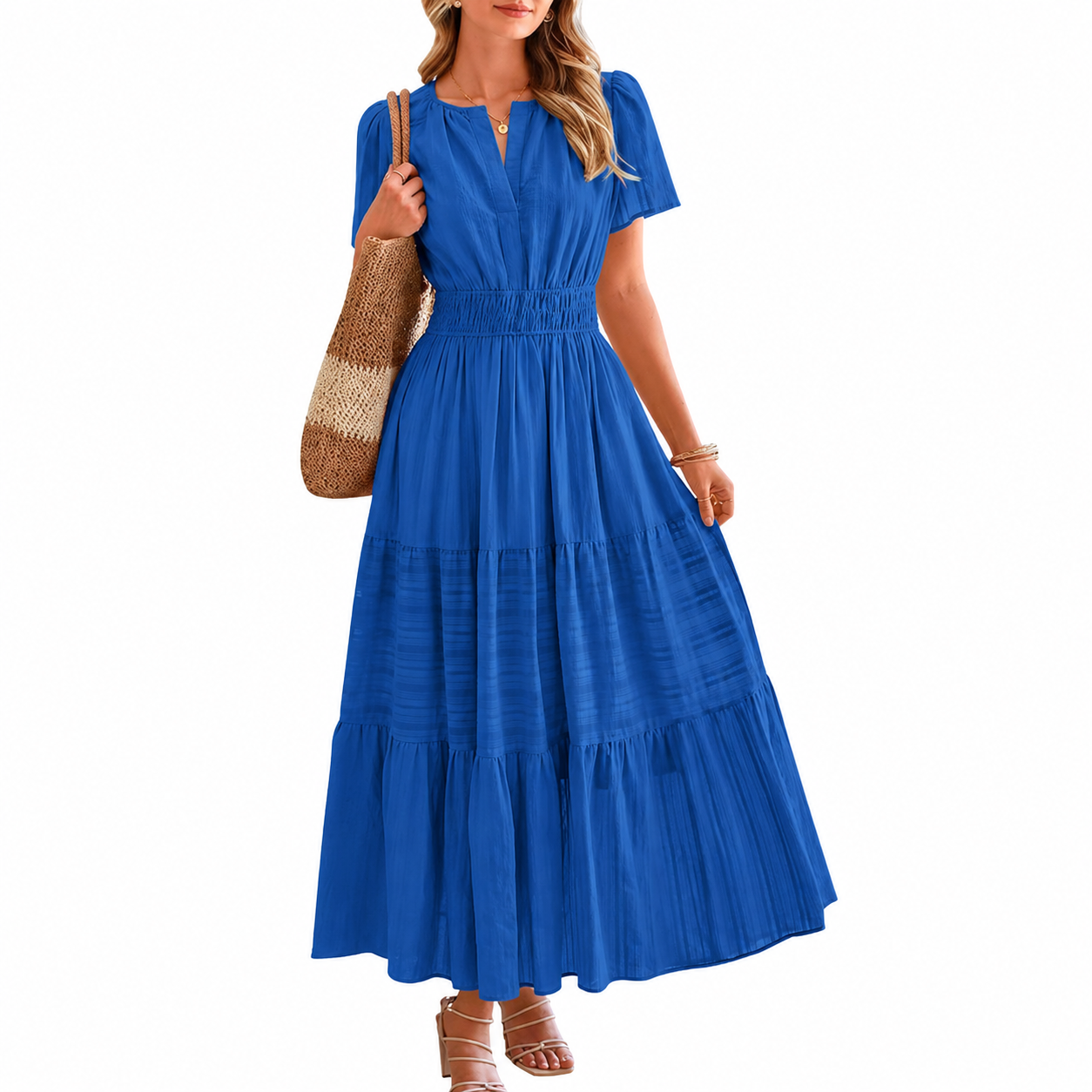 Lightweight Casual Short Sleeve Boho Midi Maxi Dress With Pockets For Women