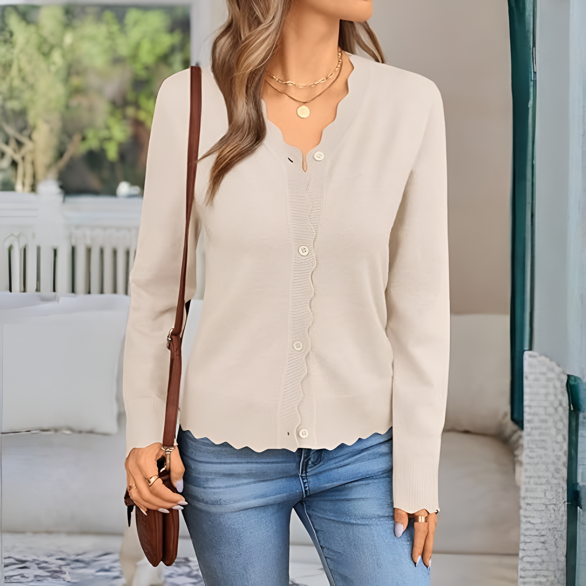 Lightweight Button Down Knit Cardigan With Scallop Trim