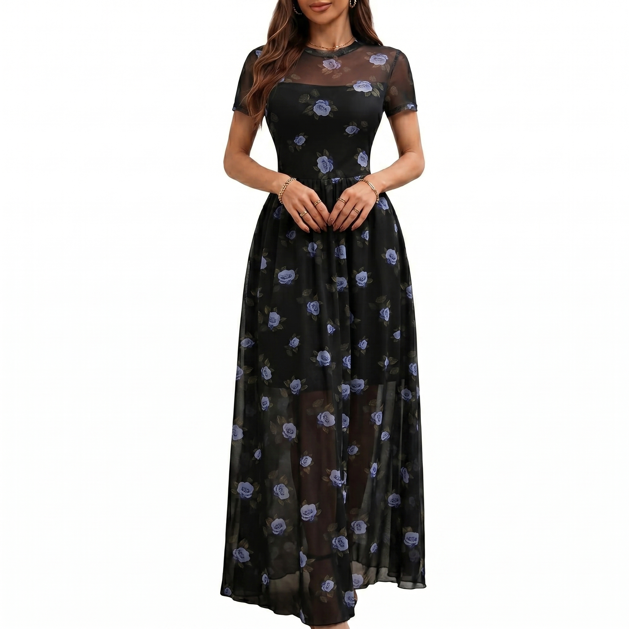 Mesh Short Sleeve Floral Print Maxi For Women