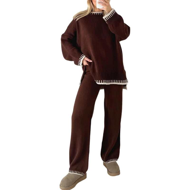 Knitted Long Sleeve Top And Trouser Coord Set-My Comfy Blouse