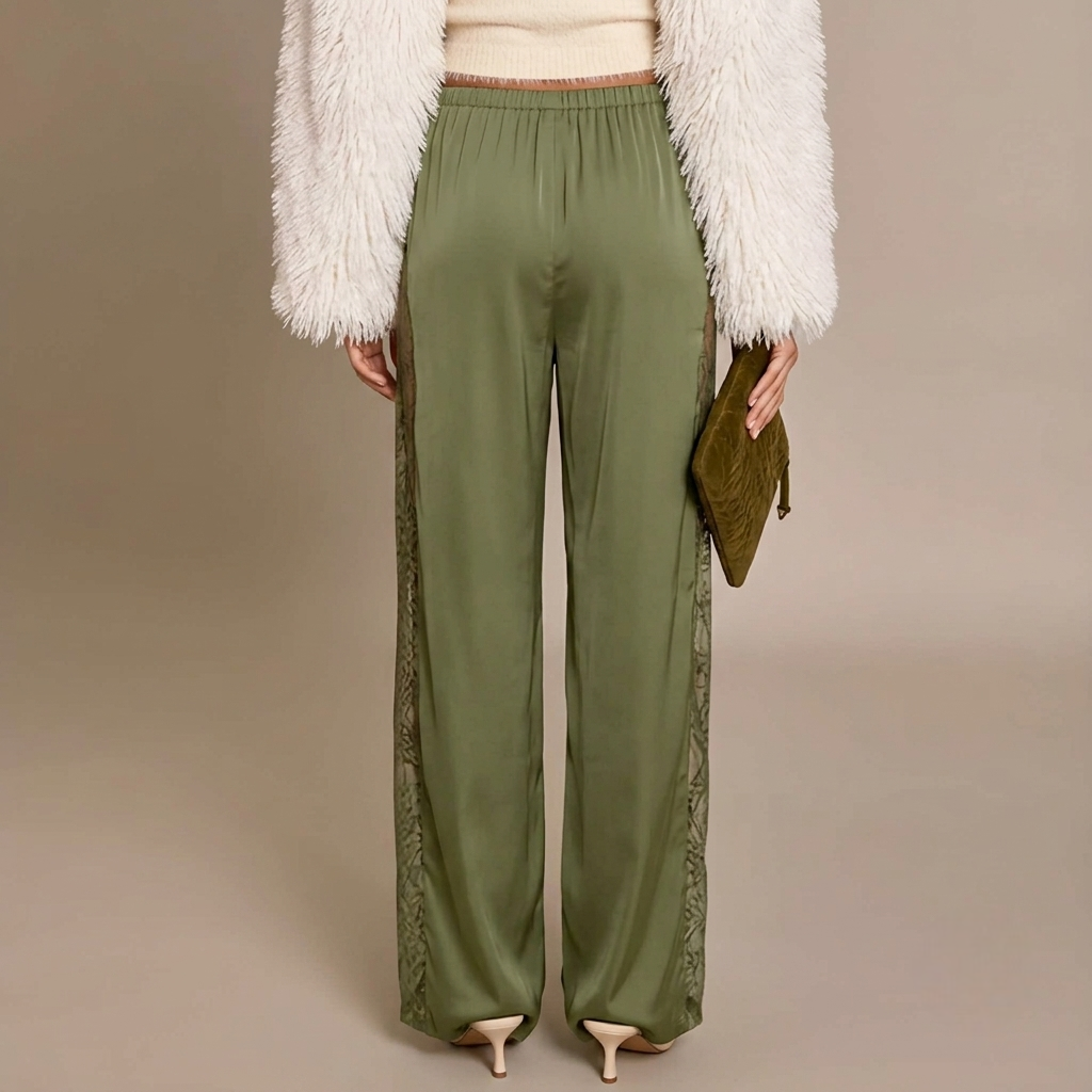 Loose Fit Lace Design High Rise Lounge Trousers For Women