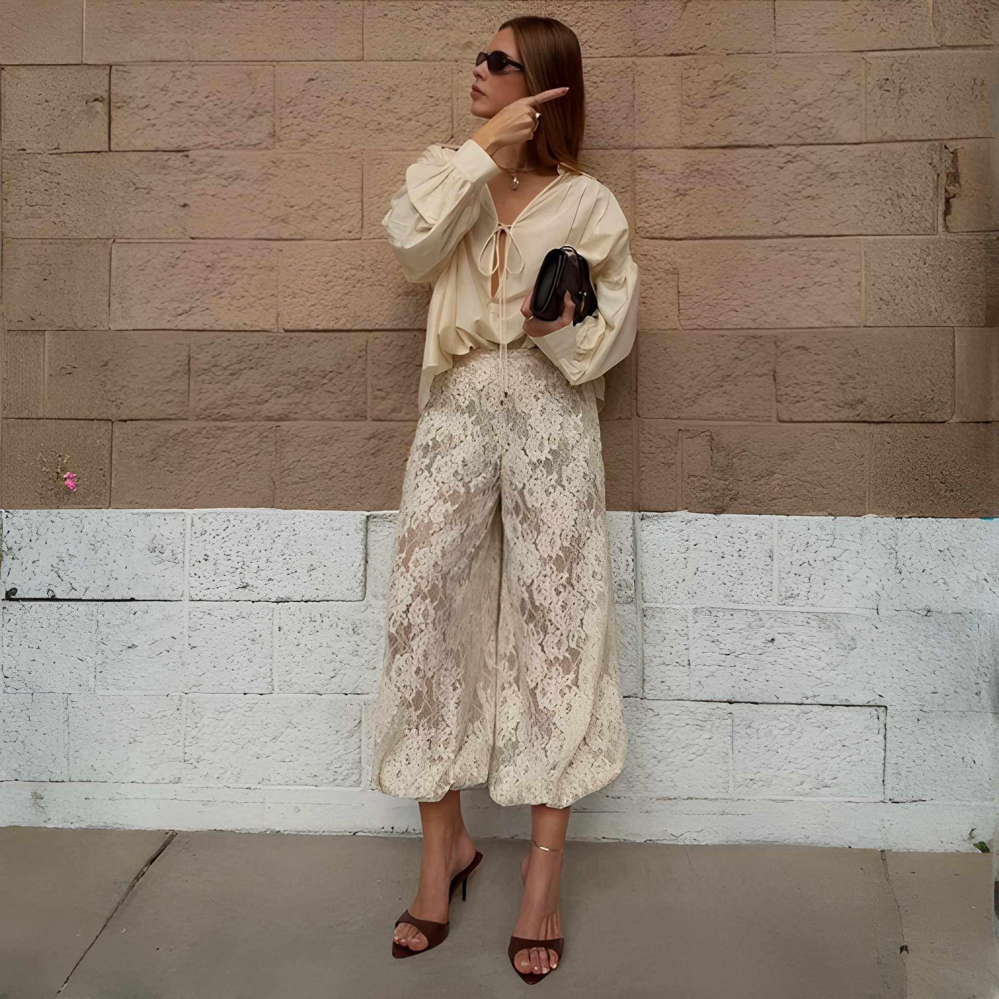 Loose Fit Lace Design High Rise Lounge Trousers For Women