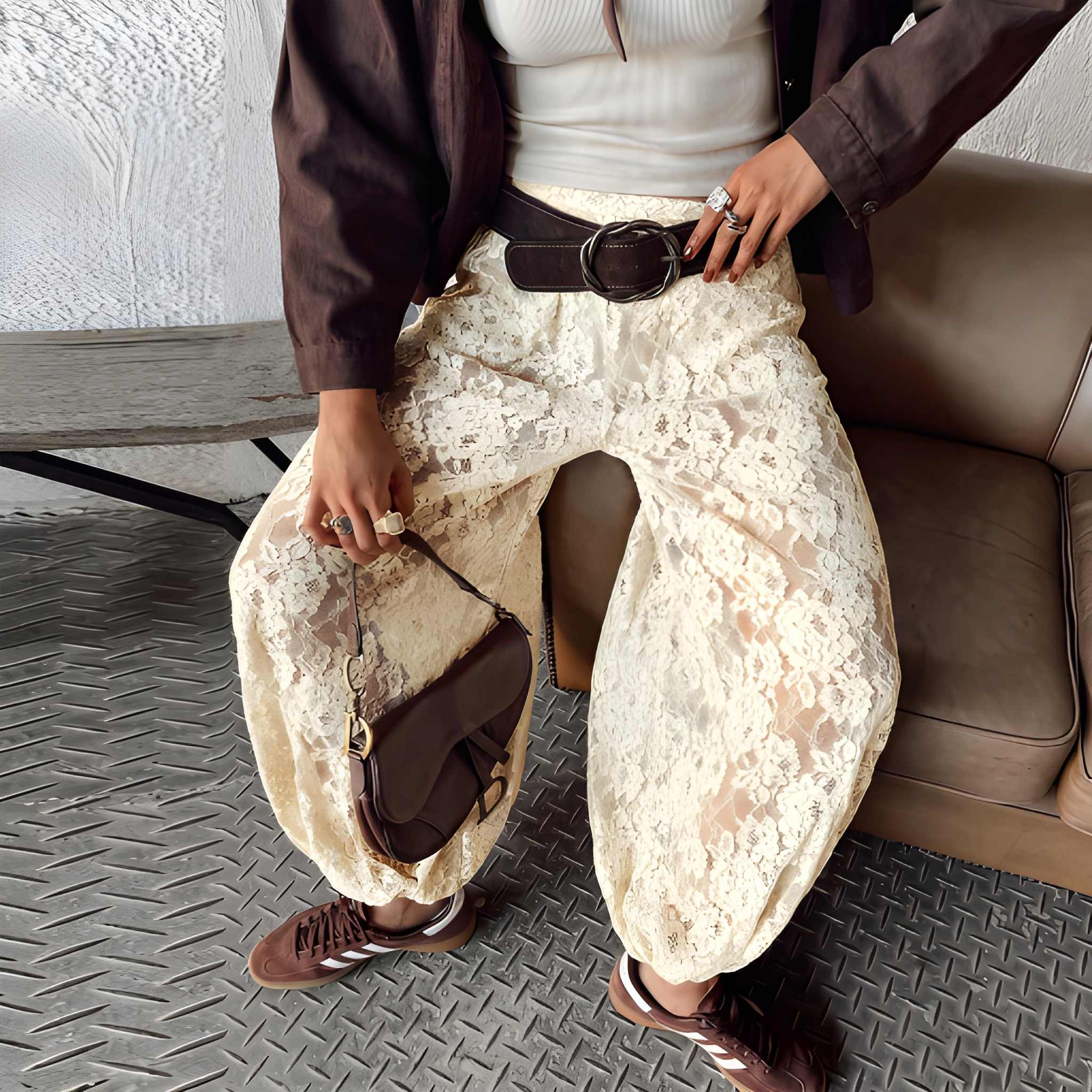 Loose Fit Lace Design High Rise Lounge Trousers For Women