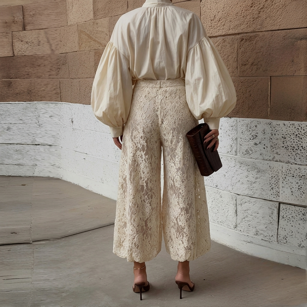 Loose Fit Lace Design High Rise Lounge Trousers For Women