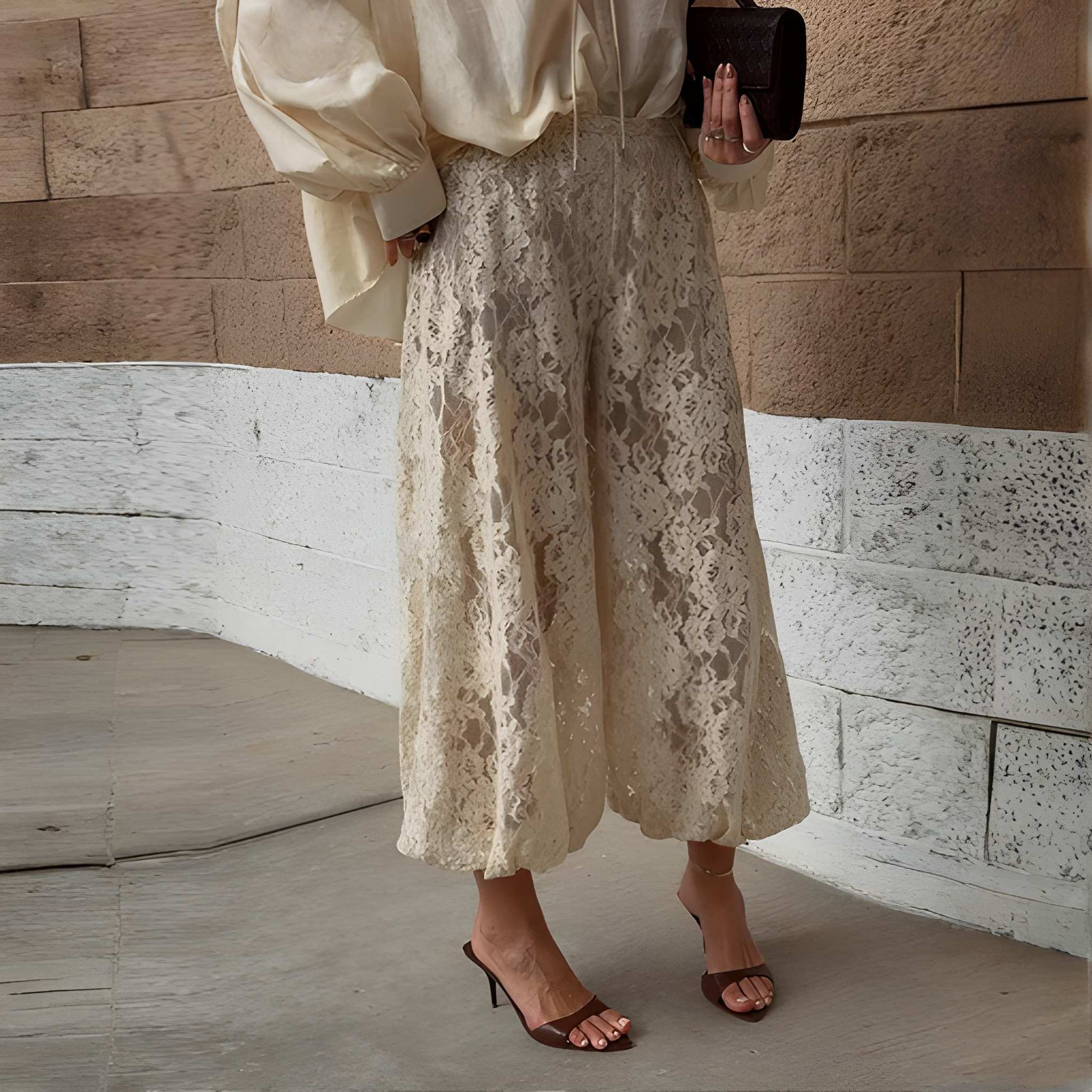 Loose Fit Lace Design High Rise Lounge Trousers For Women