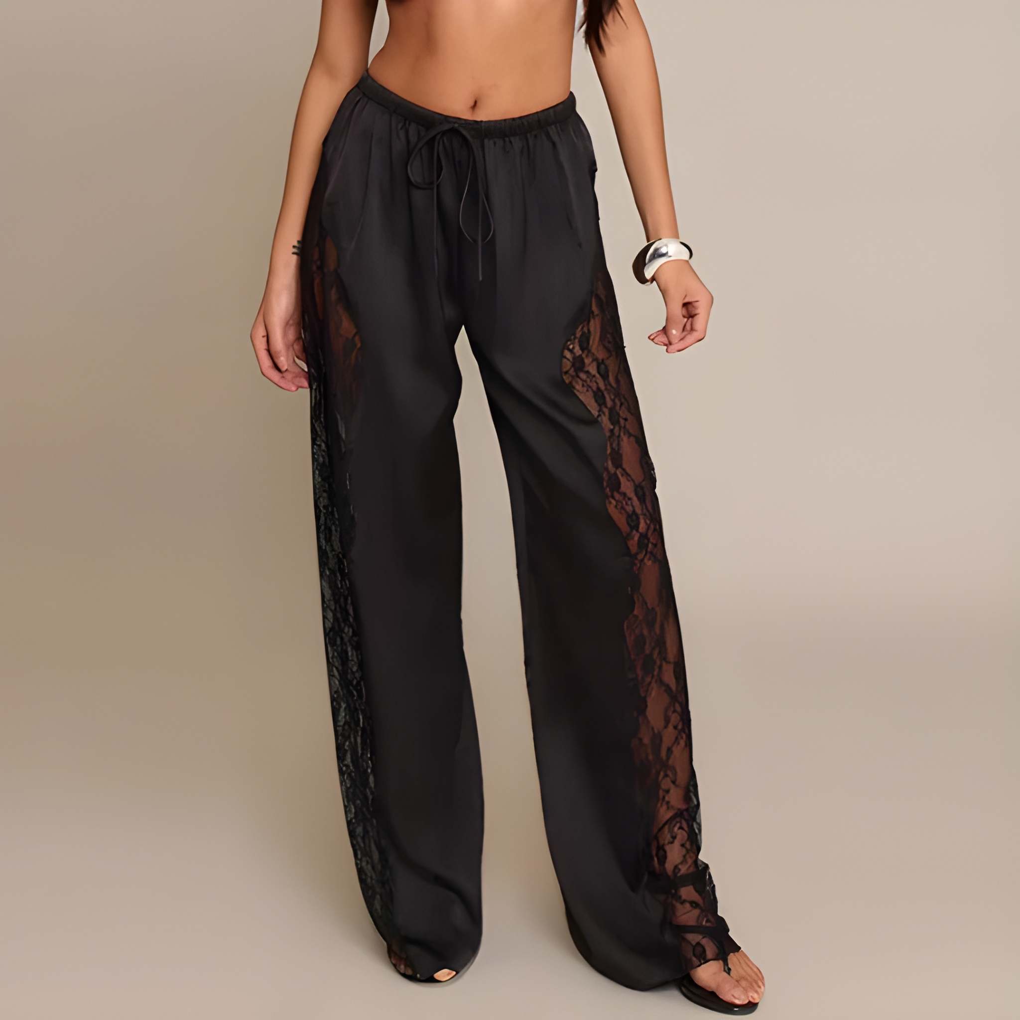 Loose Fit Lace Design High Rise Lounge Trousers For Women